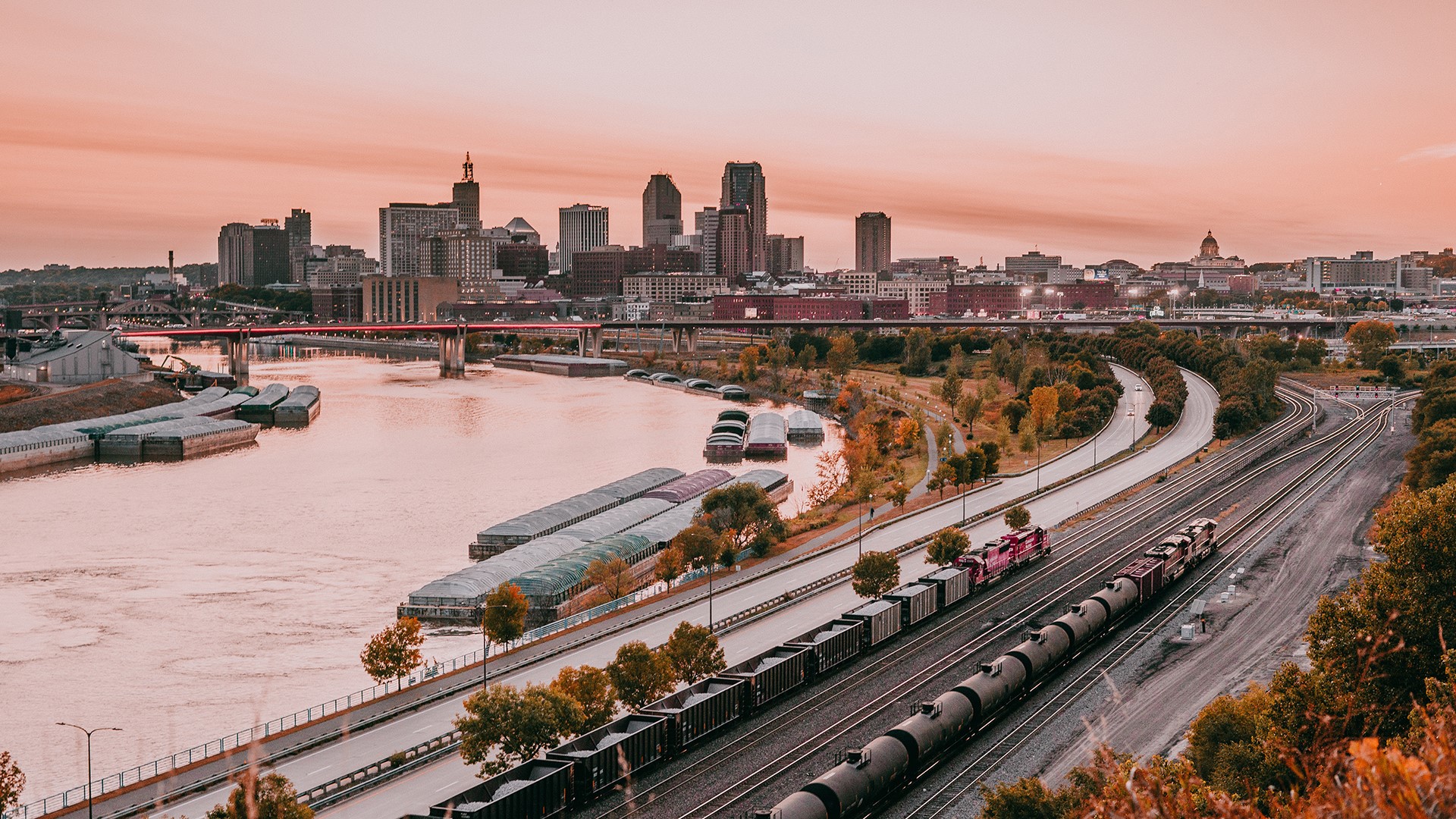 St. Paul, building, photography, cityscape, train, bridge, Minnesota, USA, sunset, clouds, water, city HD Wallpaper
