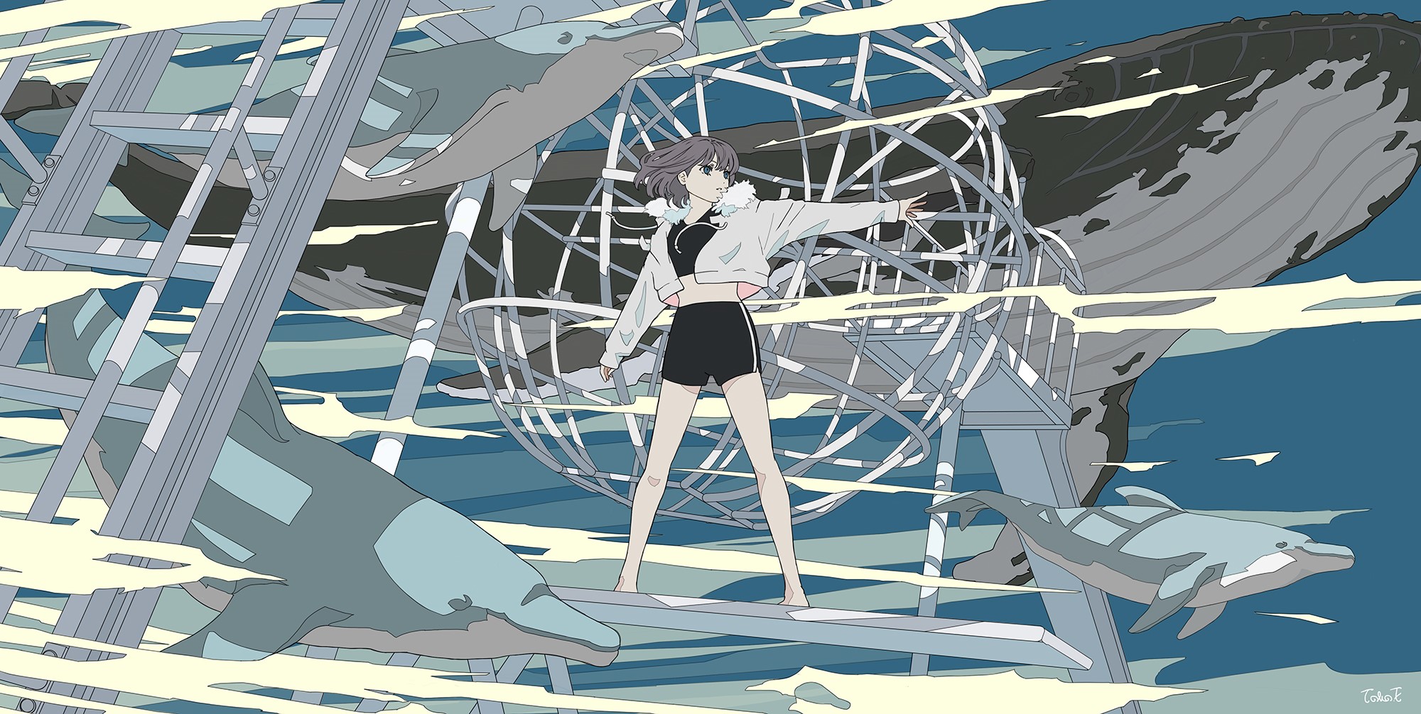 shorts, anime girls, digital art, open jacket, Seraphitalg, 2D, crop top, portrait, artwork, short hair, whale, anime HD Wallpaper