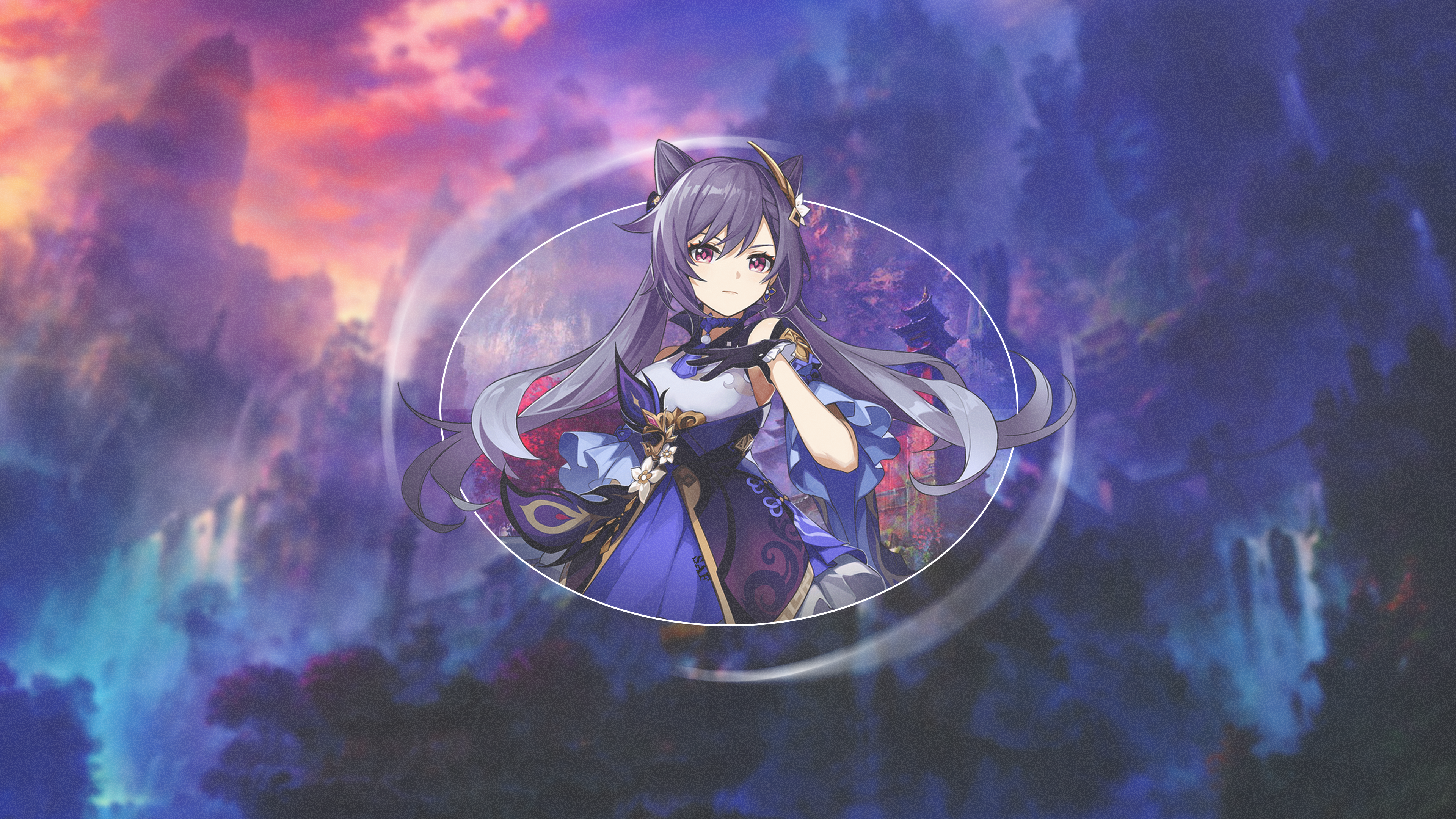 4K, Keqing (Genshin Impact), picture-in-picture, anime girls, fantasy art, fan art, Genshin Impact HD Wallpaper
