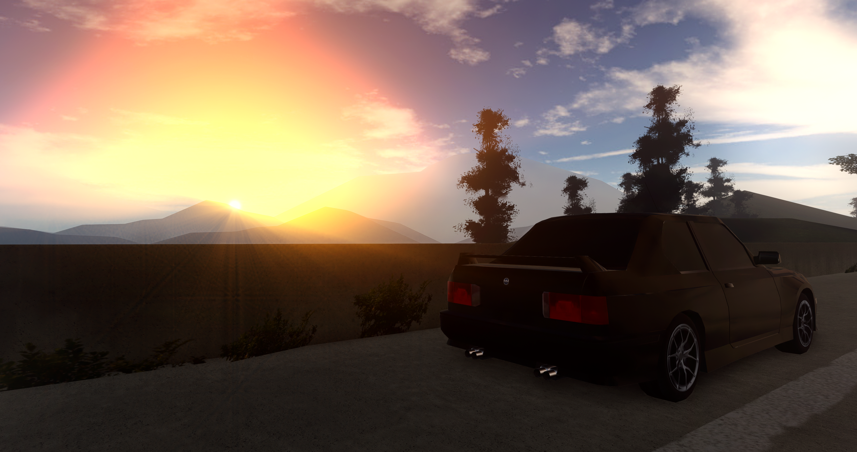 traffic barrier, mountains, Bmw E30 m3, Roblox, sunset, Pacifico (Roblox Game), trees, clouds, highway HD Wallpaper