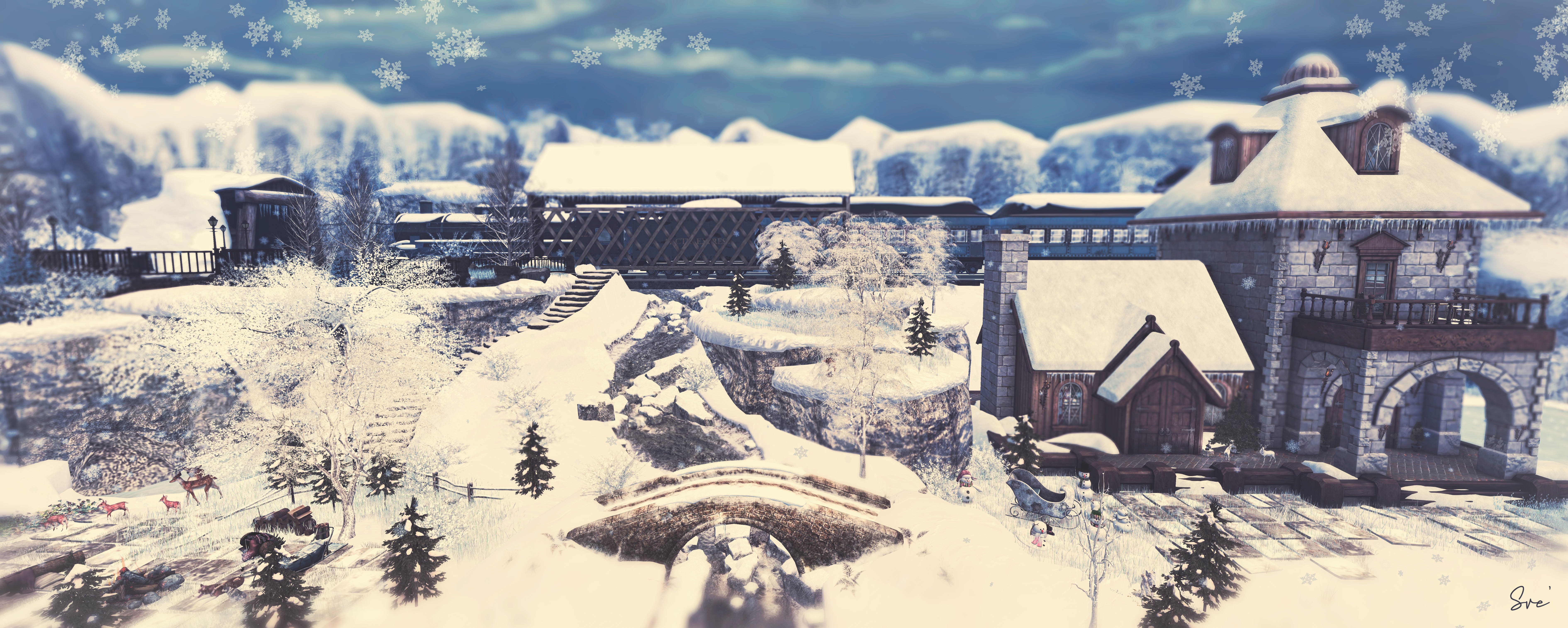 4K, village, cold, winter, castle, snow, train, fantasy art HD Wallpaper