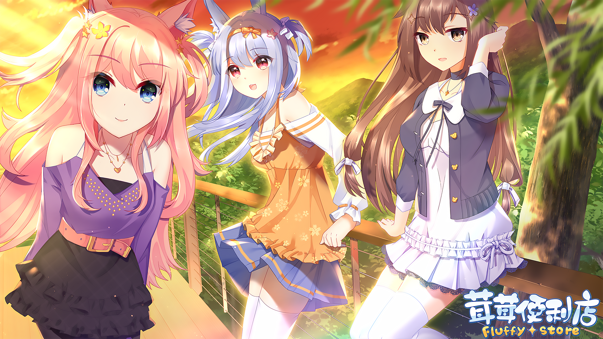 pink hair, yellow eyes, blue eyes, brunette, purple hair, anime, anime girls, red eyes, women trio, animal ears, colorful, anime games, long hair, looking at viewer HD Wallpaper