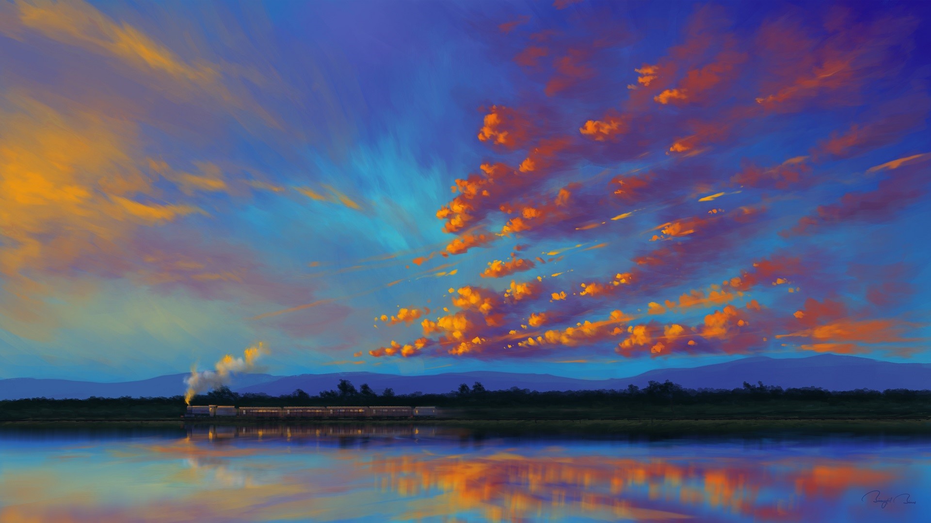 clouds, train, Refraction, landscape, BisBiswas, digital painting, sky HD Wallpaper