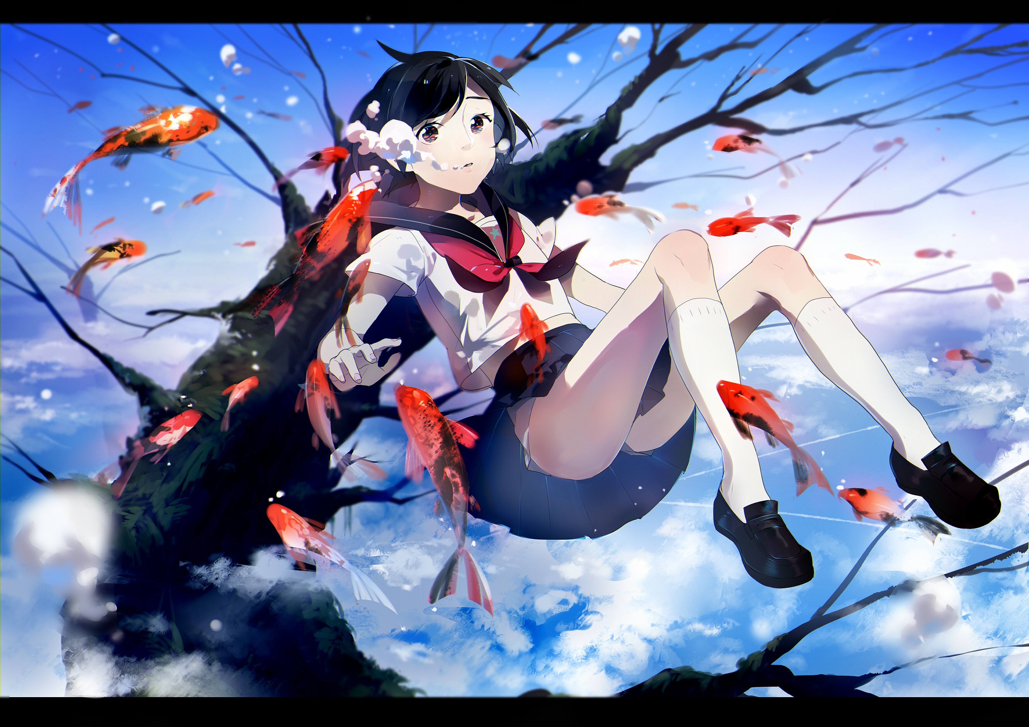Rosele, school uniform, anime girls, fish, underwater, black hair HD Wallpaper