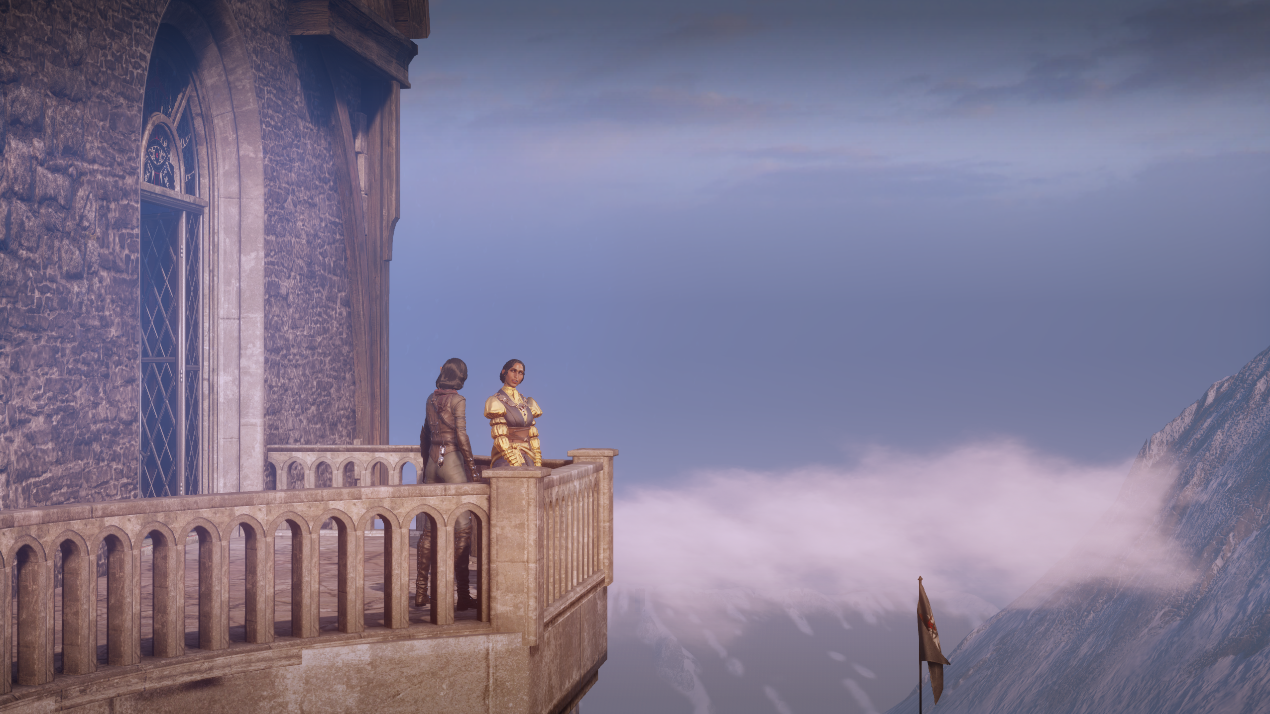 balcony, PC gaming, screen shot, Dragon Age: Inquisition, sky, RPG, Dragon Age, video games, Josephine Montilyet HD Wallpaper