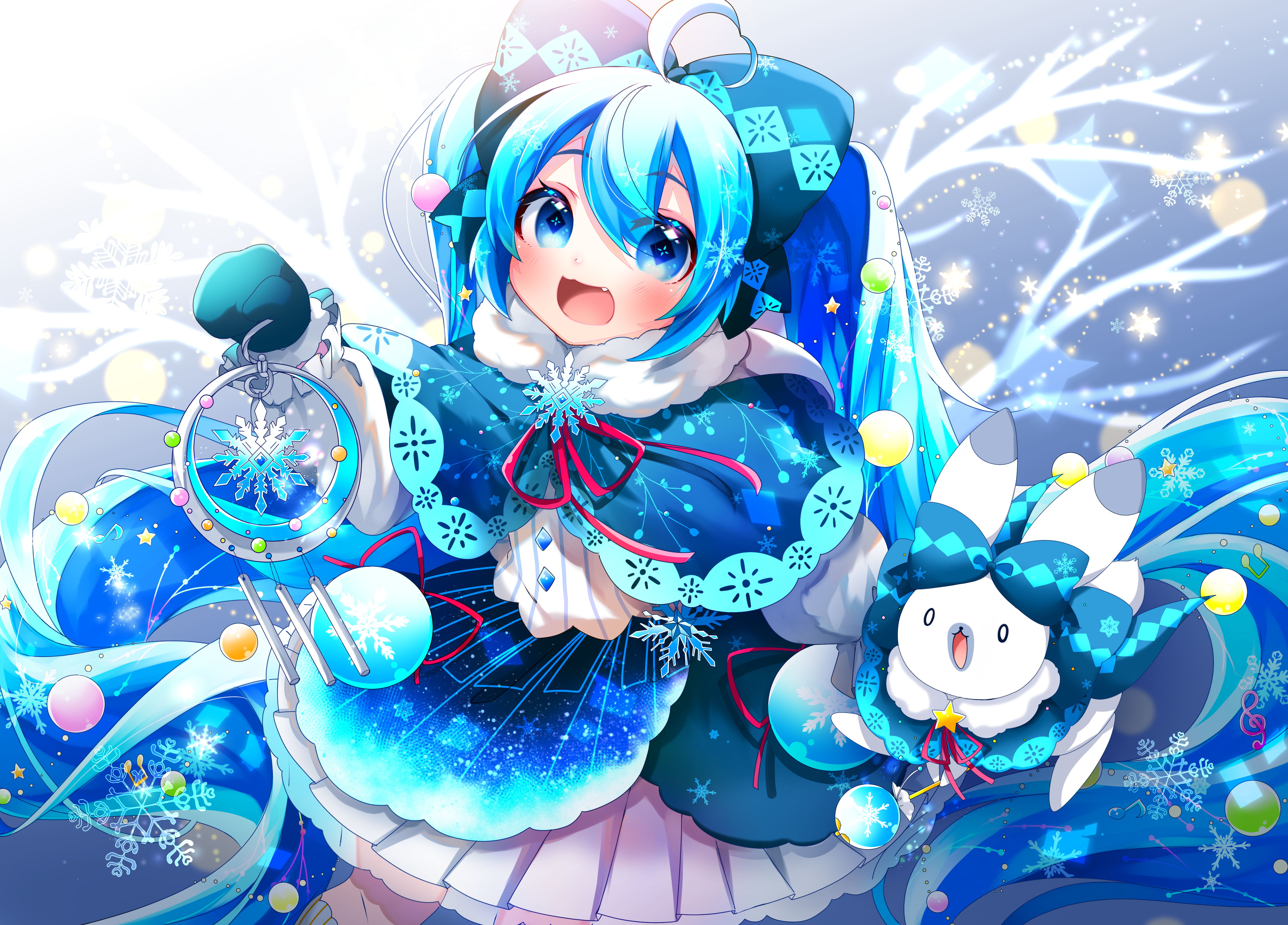 4K, Shirayuki Towa, Yuki Miku, Vocaloid, anime girls, blue hair, Hatsune Miku, blue eyes HD Wallpaper