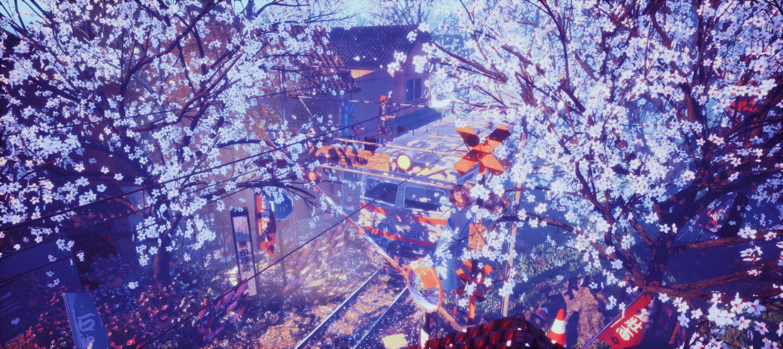 sakura (tree), train station, train, anime, rengreng HD Wallpaper
