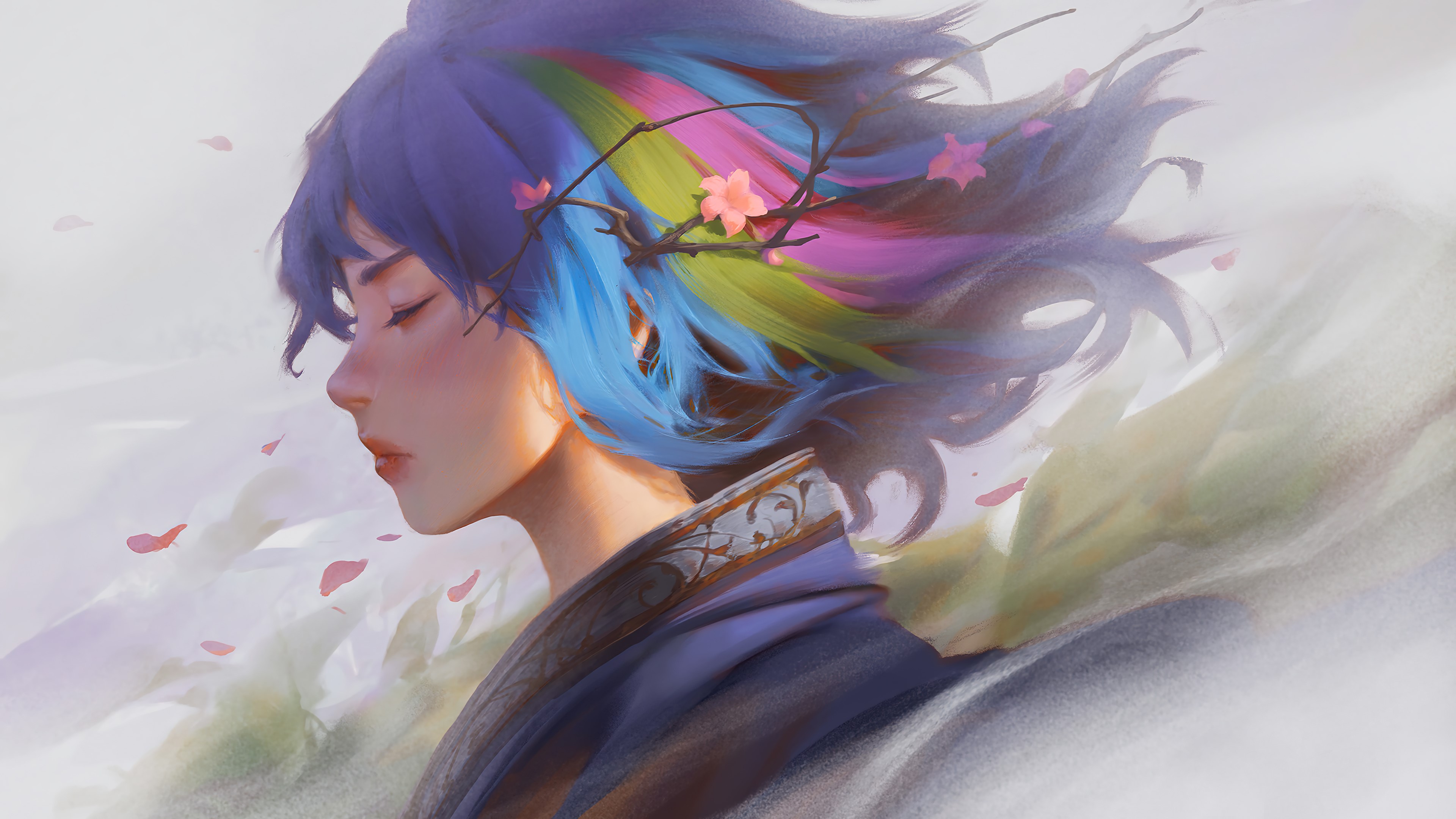 4K, fantasy art, petals, women, artwork, flower in hair, closed eyes, fantasy girl, flowers, blue hair, kimono, digital art, Dao Trong Le HD Wallpaper