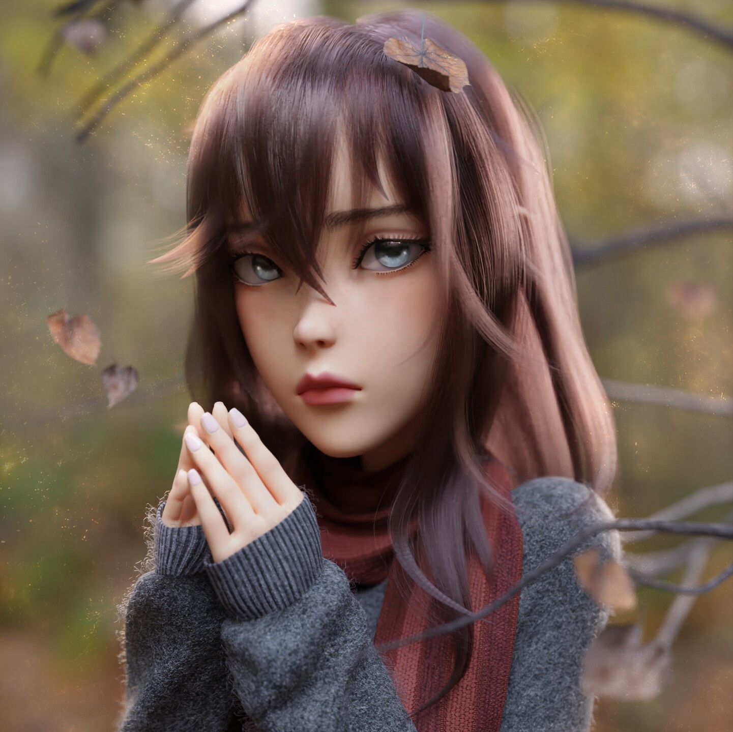 women outdoors, Cheryl Chen, face, looking at viewer, CGI, digital art, women, long hair, blue eyes, artwork HD Wallpaper