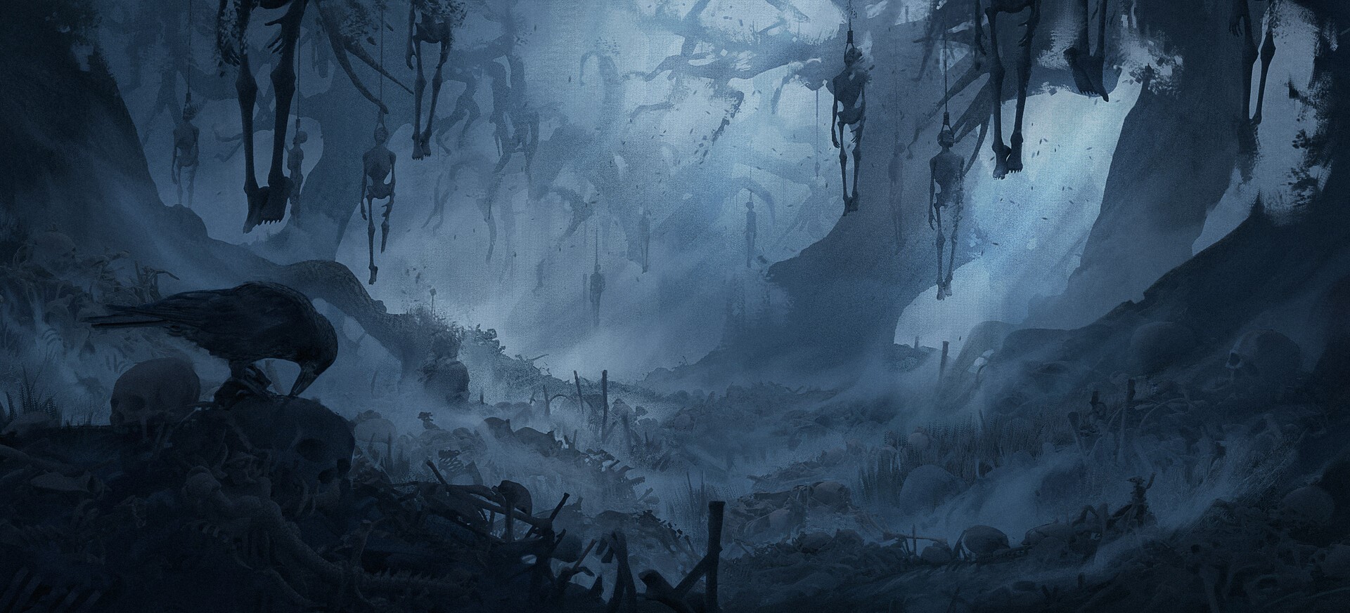 fantasy art, skull, spooky, artwork, corpse, ArtStation, bones, birds HD Wallpaper