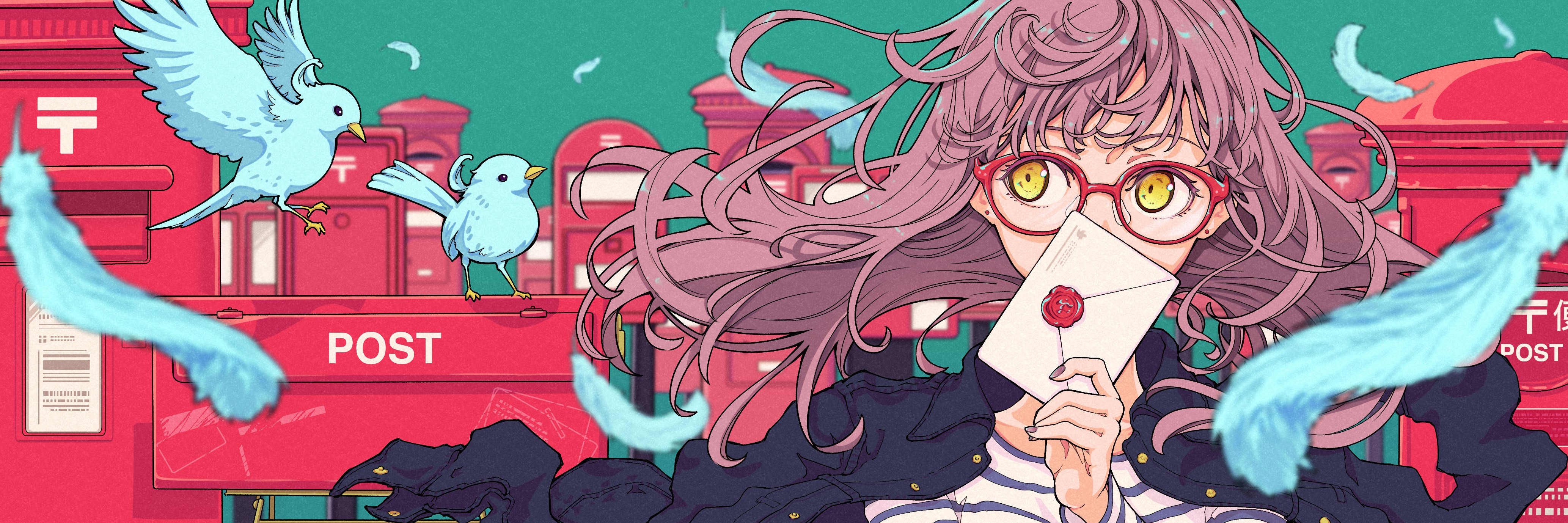 4K, black nails, anime, yellow eyes, ultrawide, black shirt, glasses, feathers, looking away, mailbox, birds, letter, long hair, anime girls, pink hair HD Wallpaper