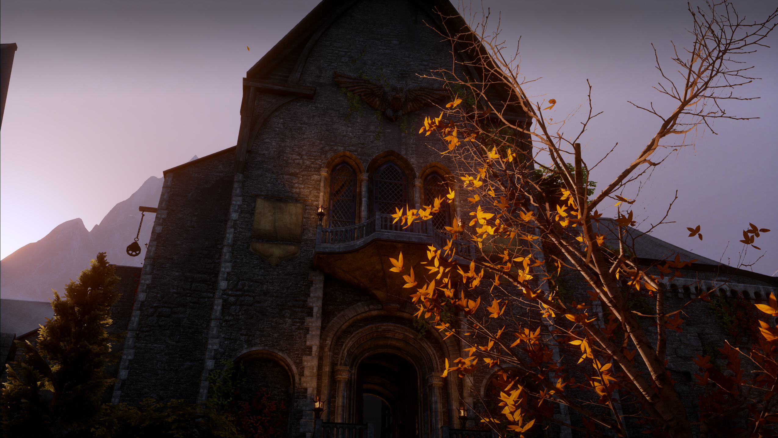Skyhold, PC gaming, Dragon Age: Inquisition, building, Dragon Age, video games, leaves, screen shot, trees, fall HD Wallpaper