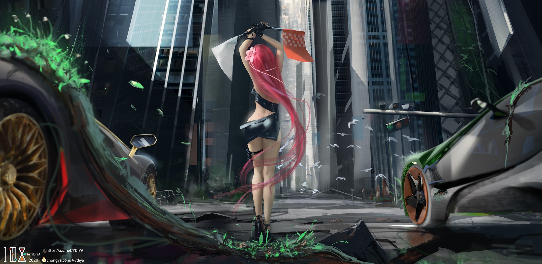 vehicle, anime, redhead, rear view, 2020 (Year), flower in hair, women with cars, ass, flag, city, Ydiya Kai, Pixiv, race cars, long hair, anime girls, car, standing HD Wallpaper