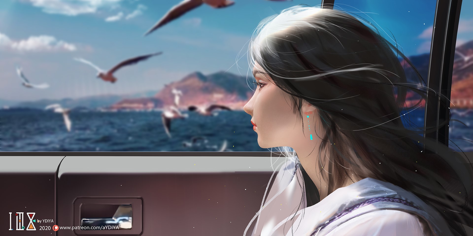 anime girls, window, original characters, landscape, Ydiya Kai HD Wallpaper