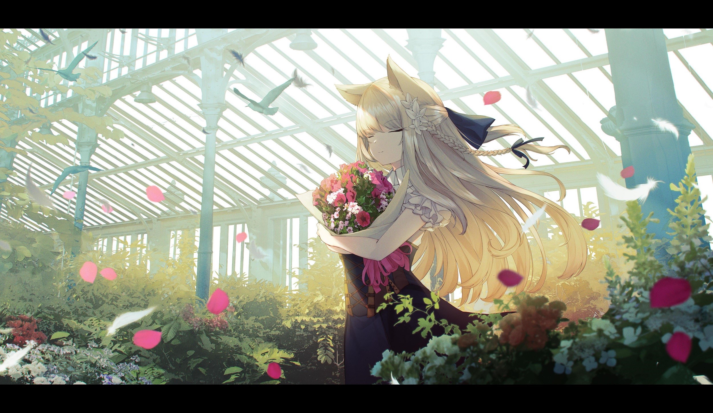 anime, dress, birds, 2D, sagiri (ulpha220), portrait, blonde, flowers, closed eyes, anime girls, animal ears, digital art, artwork HD Wallpaper