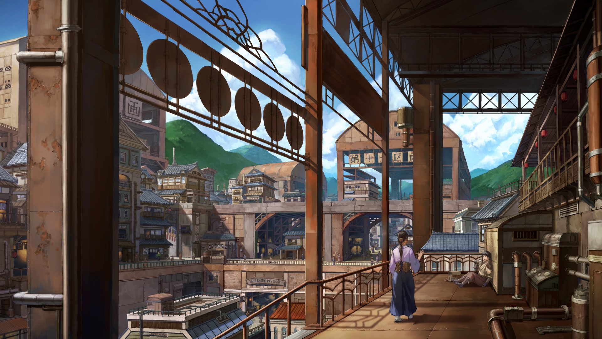 clouds, outdoors, stairs, ponytail, steampunk HD Wallpaper