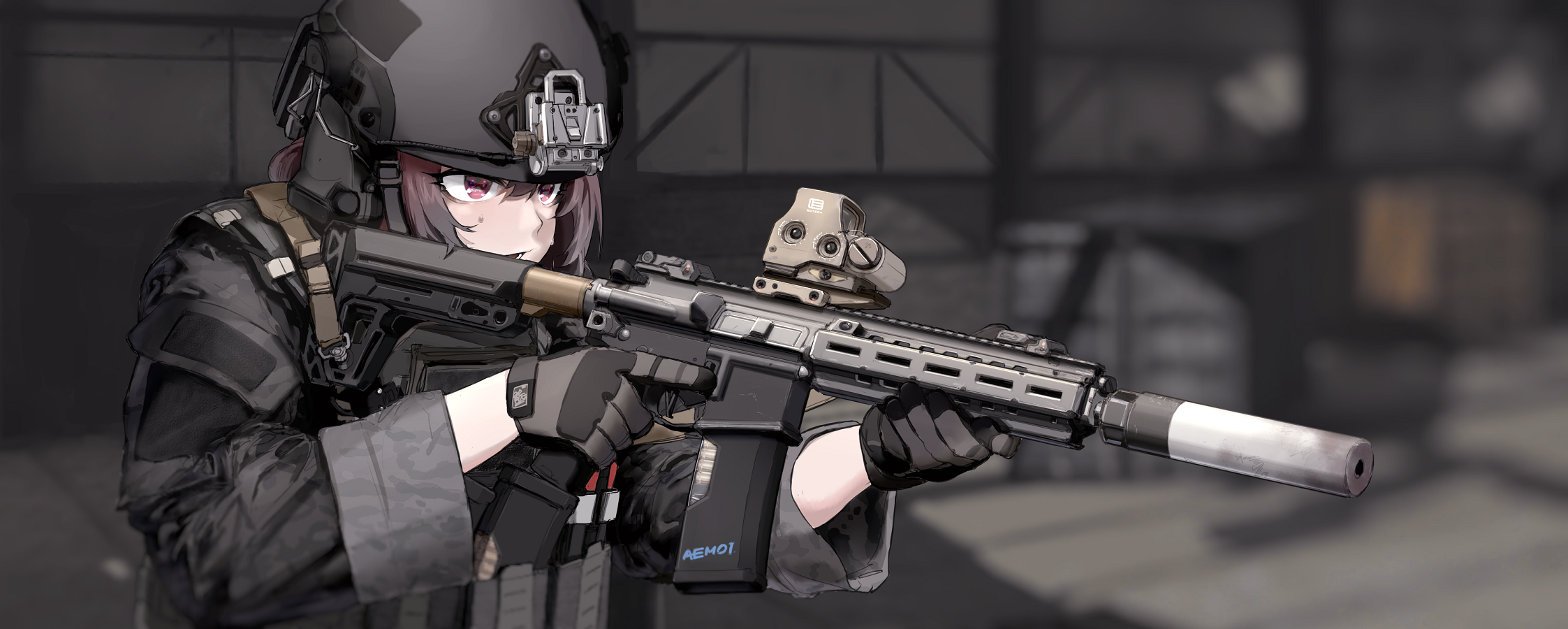 girls with guns, artwork, anime girls, 2D, AEM01, digital art, portrait, assault rifle HD Wallpaper