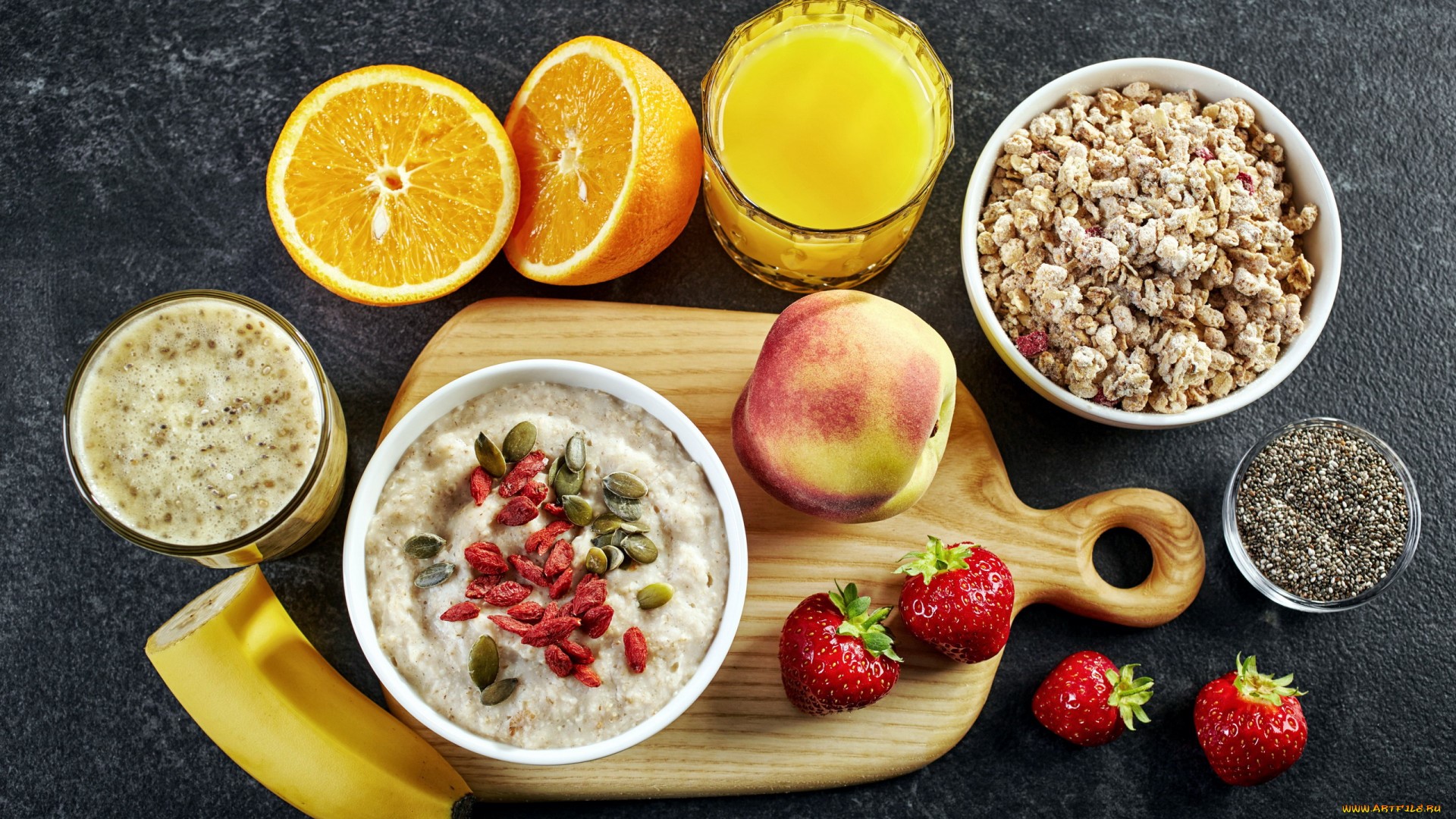 peaches, orange (fruit), seeds, bananas, strawberries, food, fruit, berries, cutting board, juice HD Wallpaper