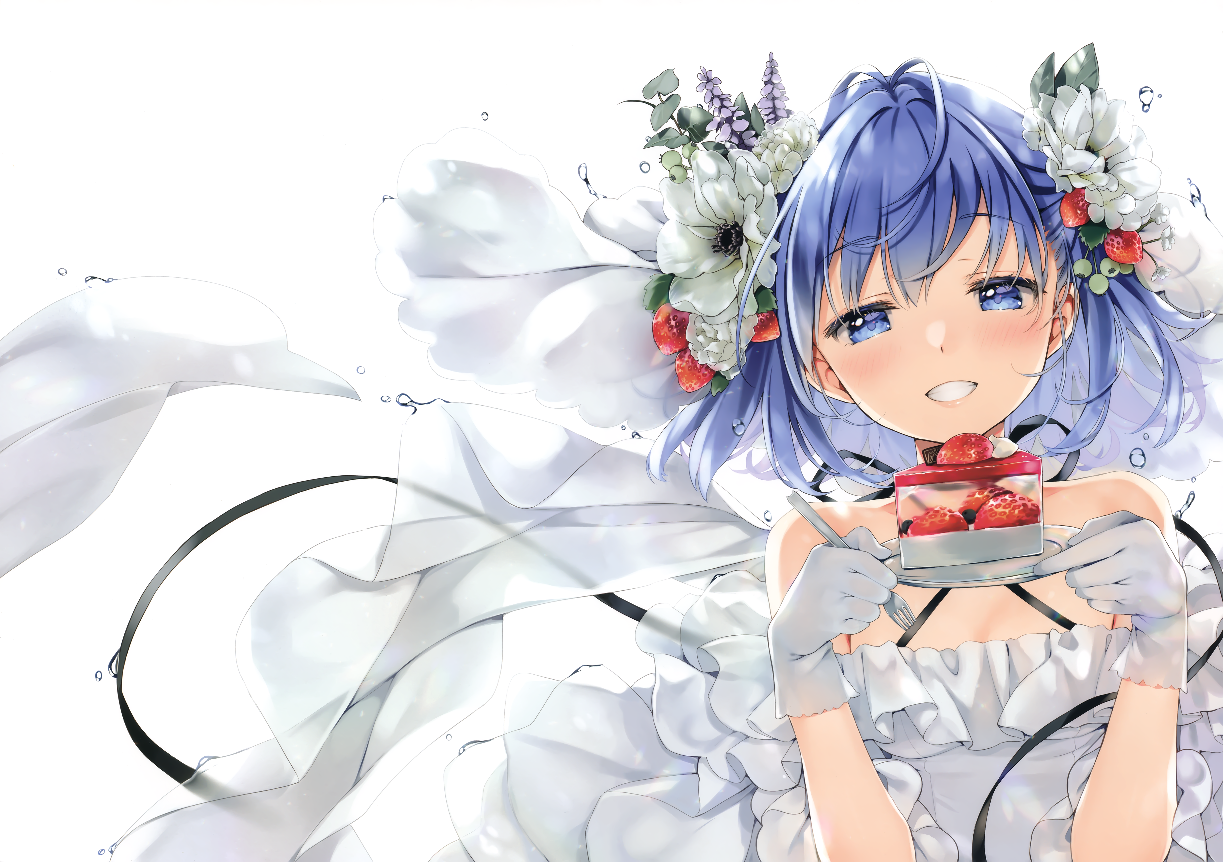 4K, blue hair, flower in hair, blue eyes, smiling, Natsume Eri, brides, cake, anime girls HD Wallpaper