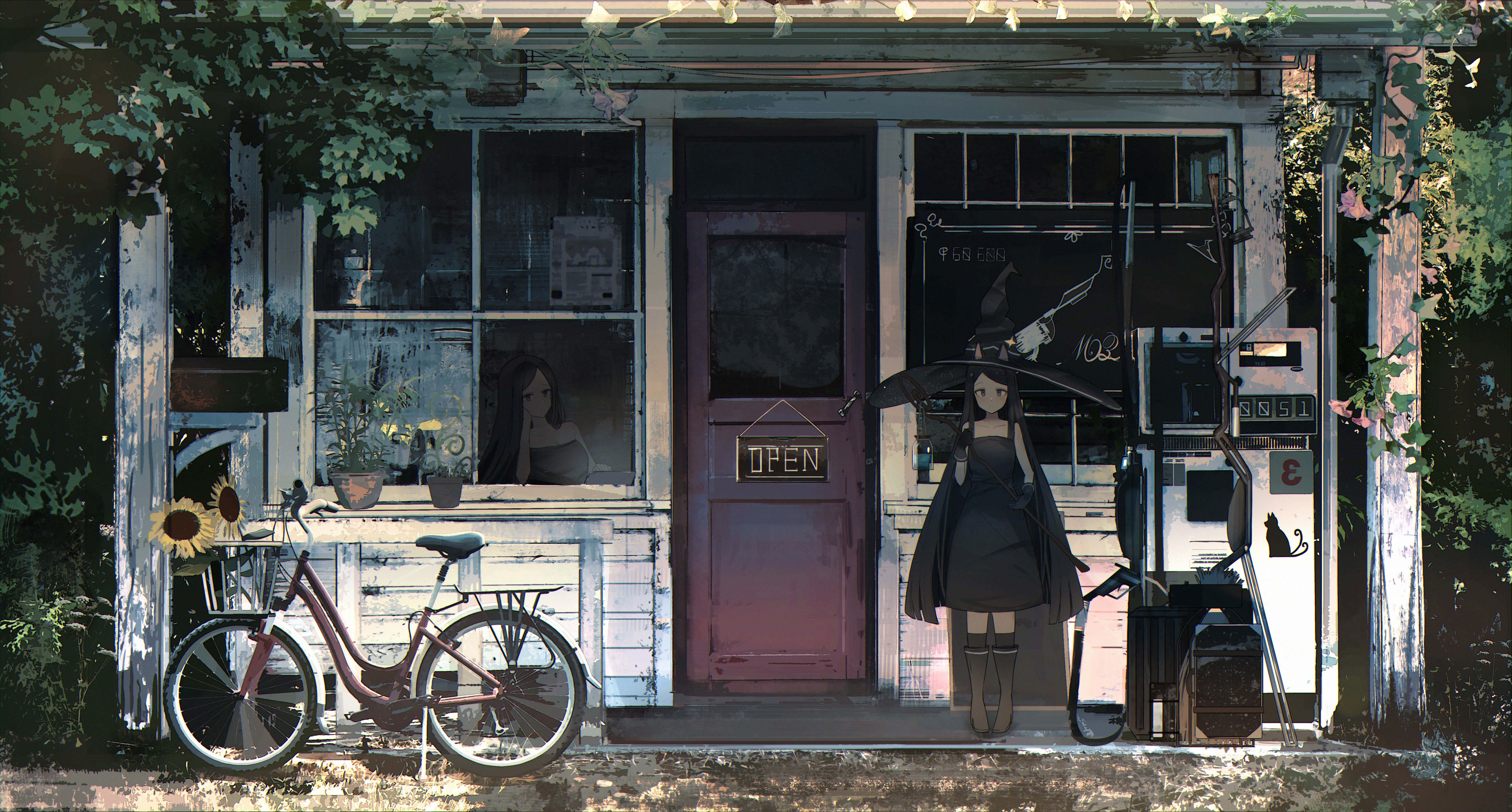4K, witch, anime girls, artwork, gas stations, bicycle HD Wallpaper