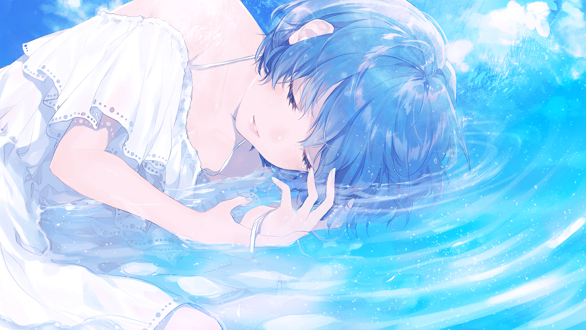 anime, Sudach Koppe, blue nails, in water, ribbons, waves, anime girls, clouds, short hair, blue hair, closed eyes HD Wallpaper