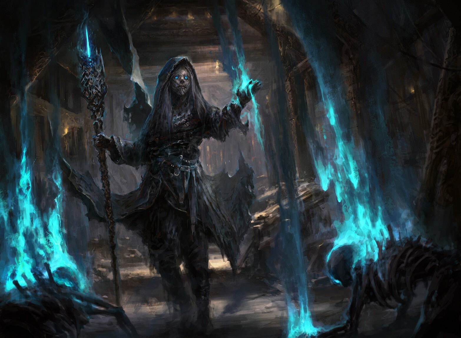 Chris Cold, artwork, digital art, glowing eyes, ArtStation, cyan, women, skeleton, witch HD Wallpaper