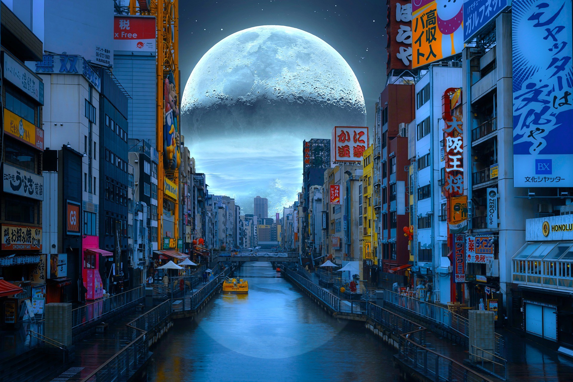Dotonbori, river, Osaka, photo manipulation, building, Moon HD Wallpaper