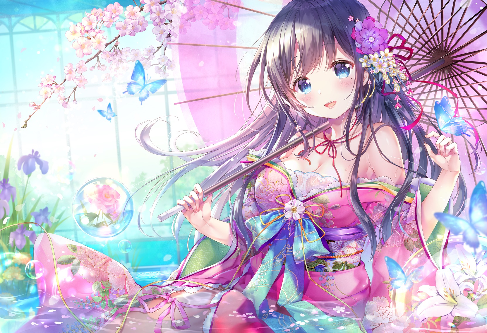 anime, Emori Miku, Momo Moyon, cherry blossom, umbrella, bare shoulders, flowers, blue eyes, cleavage, anime girls, water, black hair, Japanese clothes, blush, butterfly HD Wallpaper