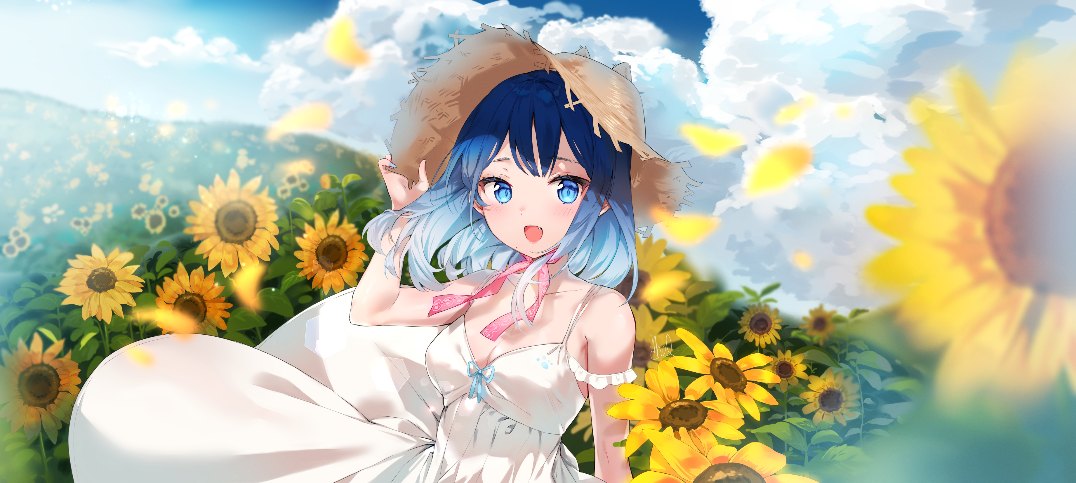 Girl in a Sunflower Field Wearing a Straw Hat HD Wallpaper