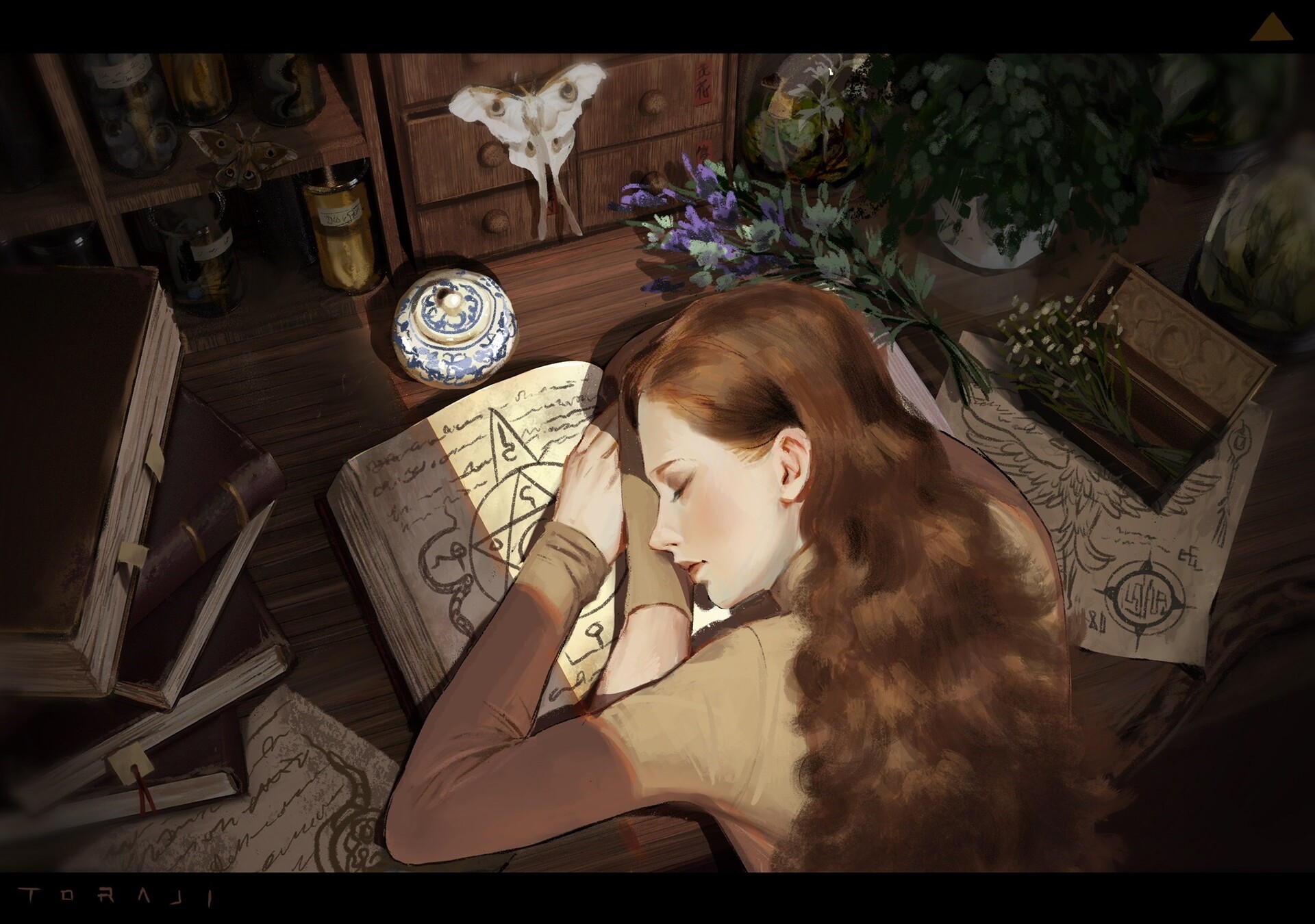 books, drawing, digital art, ArtStation, digital painting, women, brunette, butterfly, artwork, sleeping HD Wallpaper