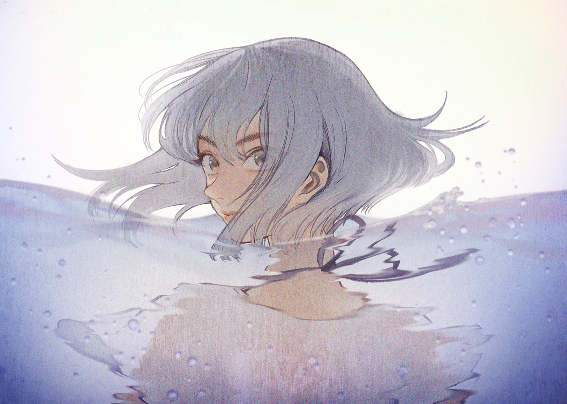 Girl with short grey hair partially submerged in water HD Wallpaper
