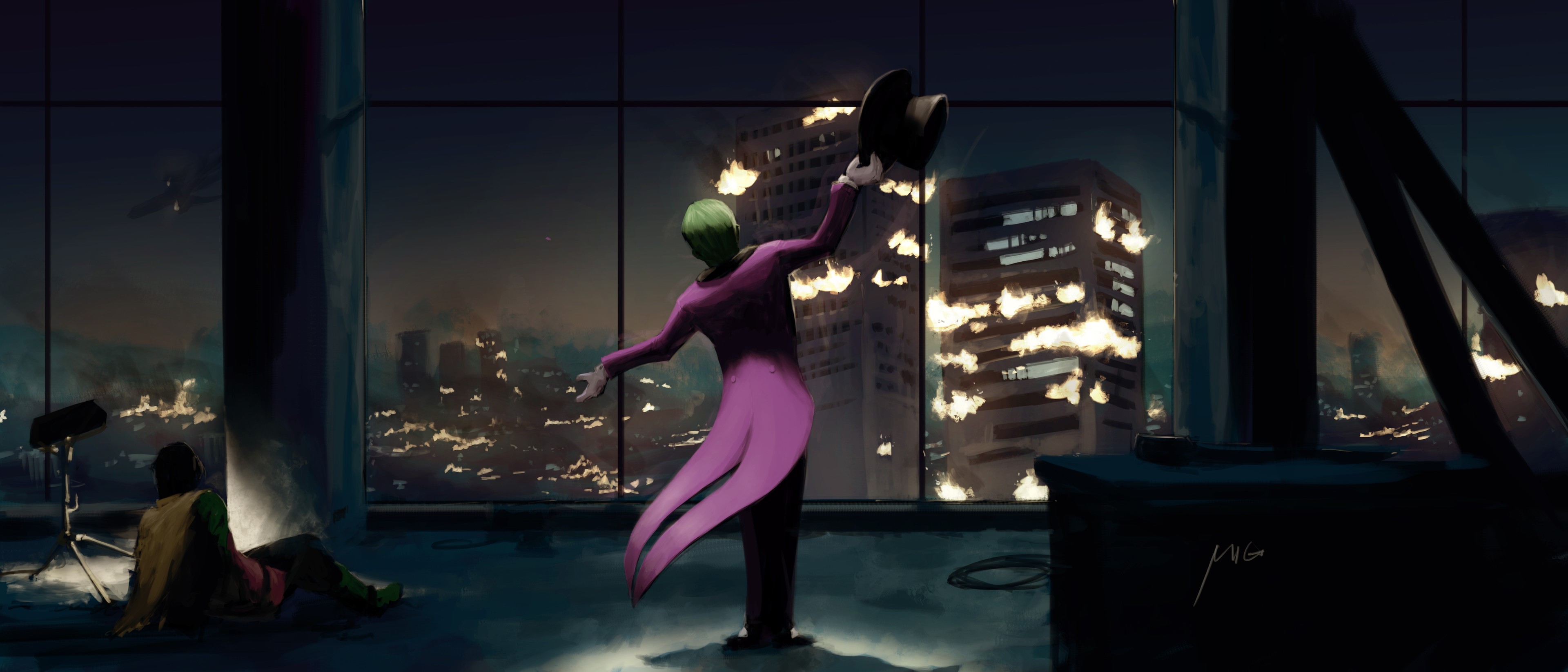 4K, digital painting, fire, hat, green hair, artwork, fan art, digital art, Joker, Miguel Blanco, ArtStation HD Wallpaper