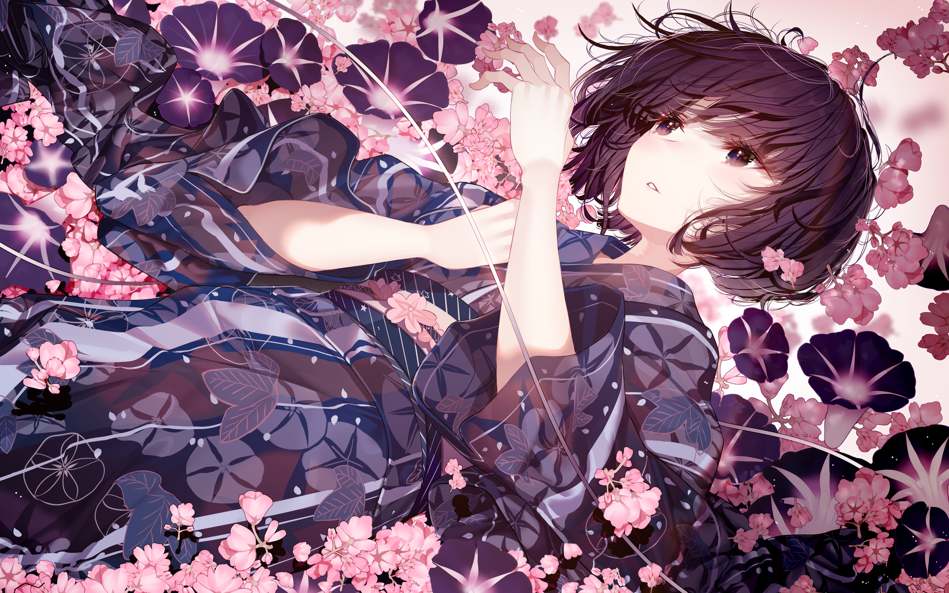 Girl in Kimono with Morning Glories and Cherry Blossoms HD Wallpaper