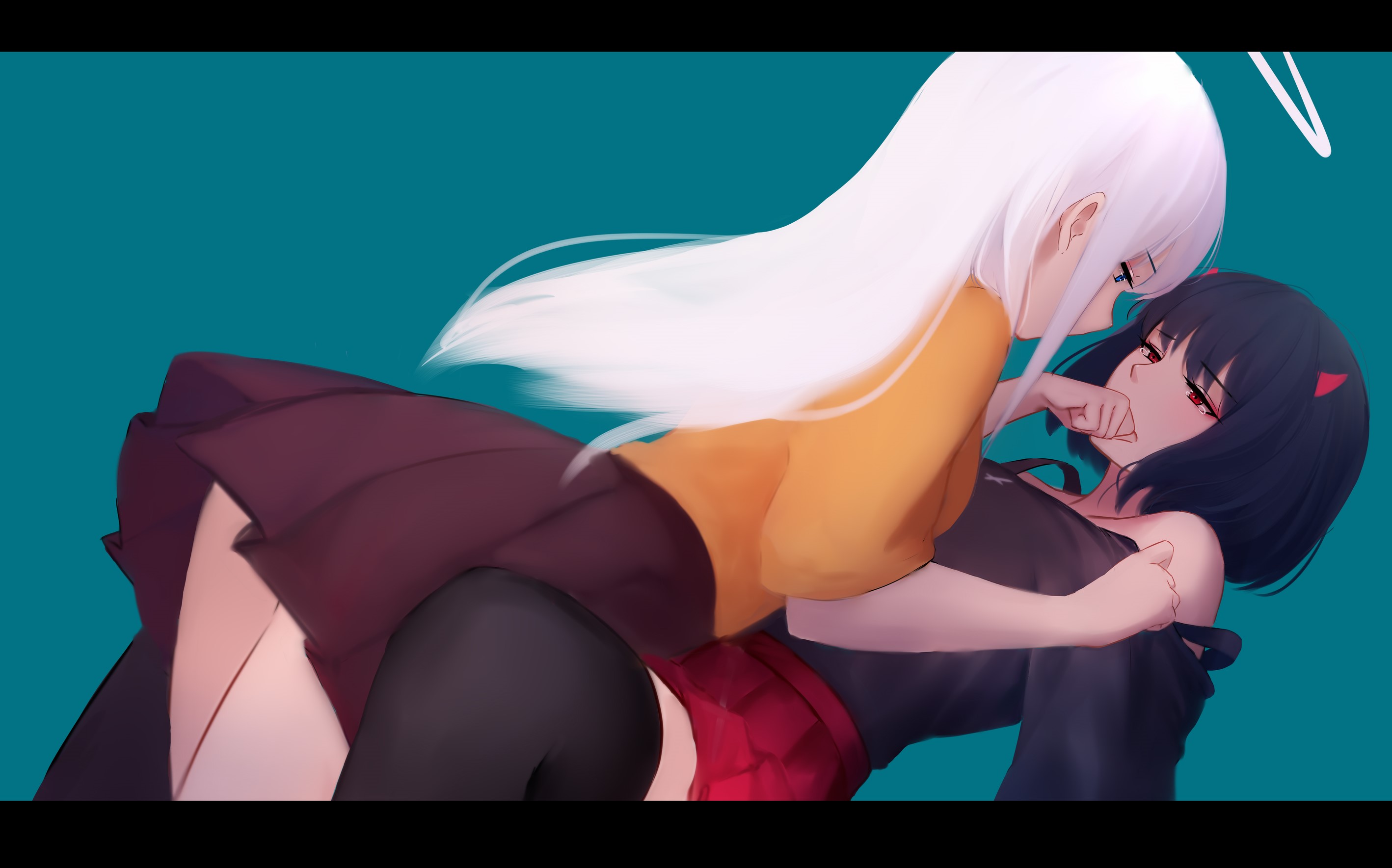 Anime Yuri Art Featuring Demon and Angel Girls HD Wallpaper