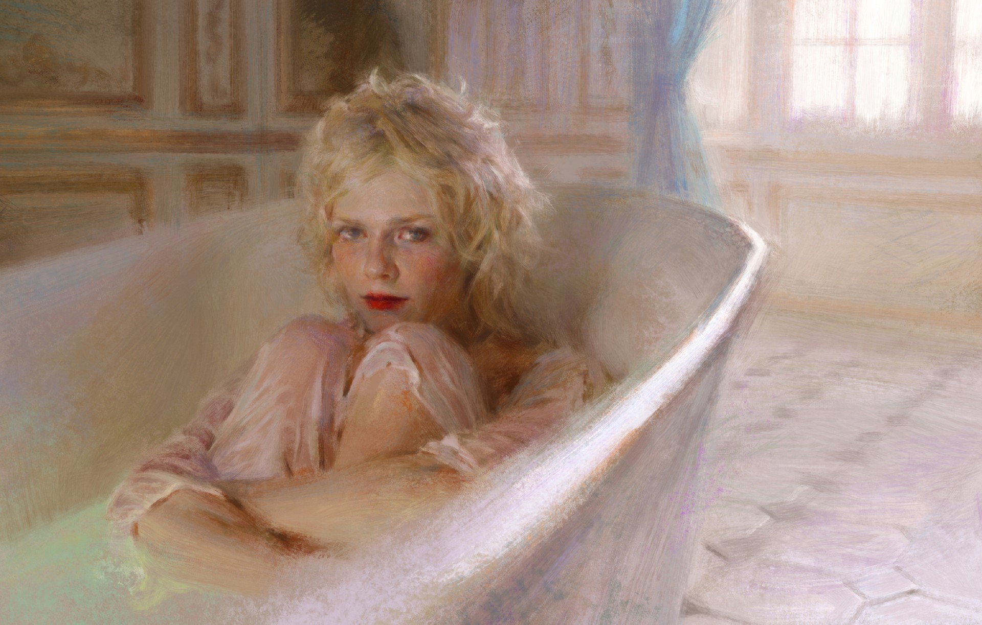 wavy hair, blonde, looking at viewer, women, artwork, legs together, Liu Xiao, digital art, arms crossed, ArtStation, drawing HD Wallpaper
