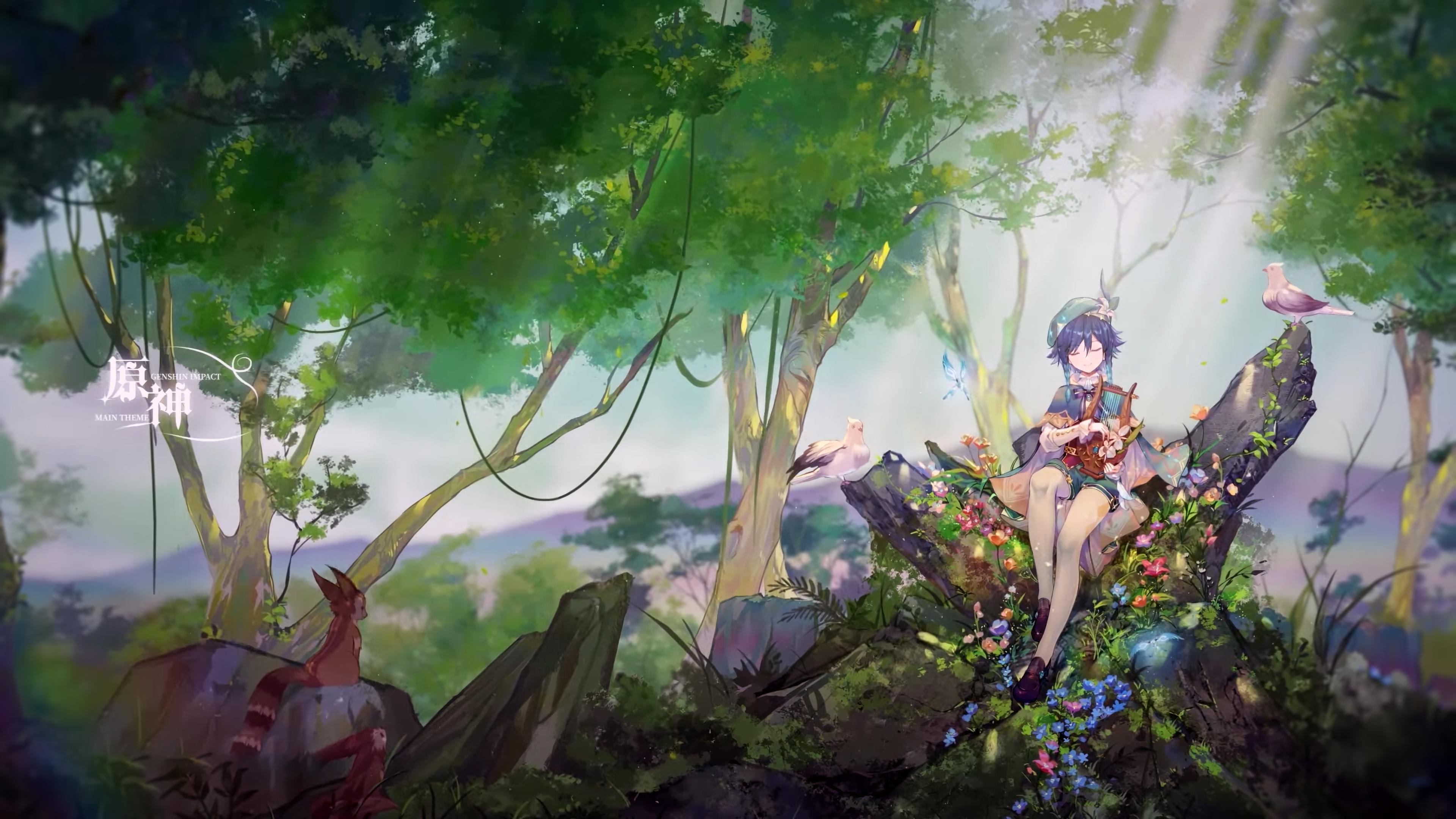 4K, bard, Genshin Impact, Venti (Genshin Impact), fantasy art, nature, anime boys HD Wallpaper