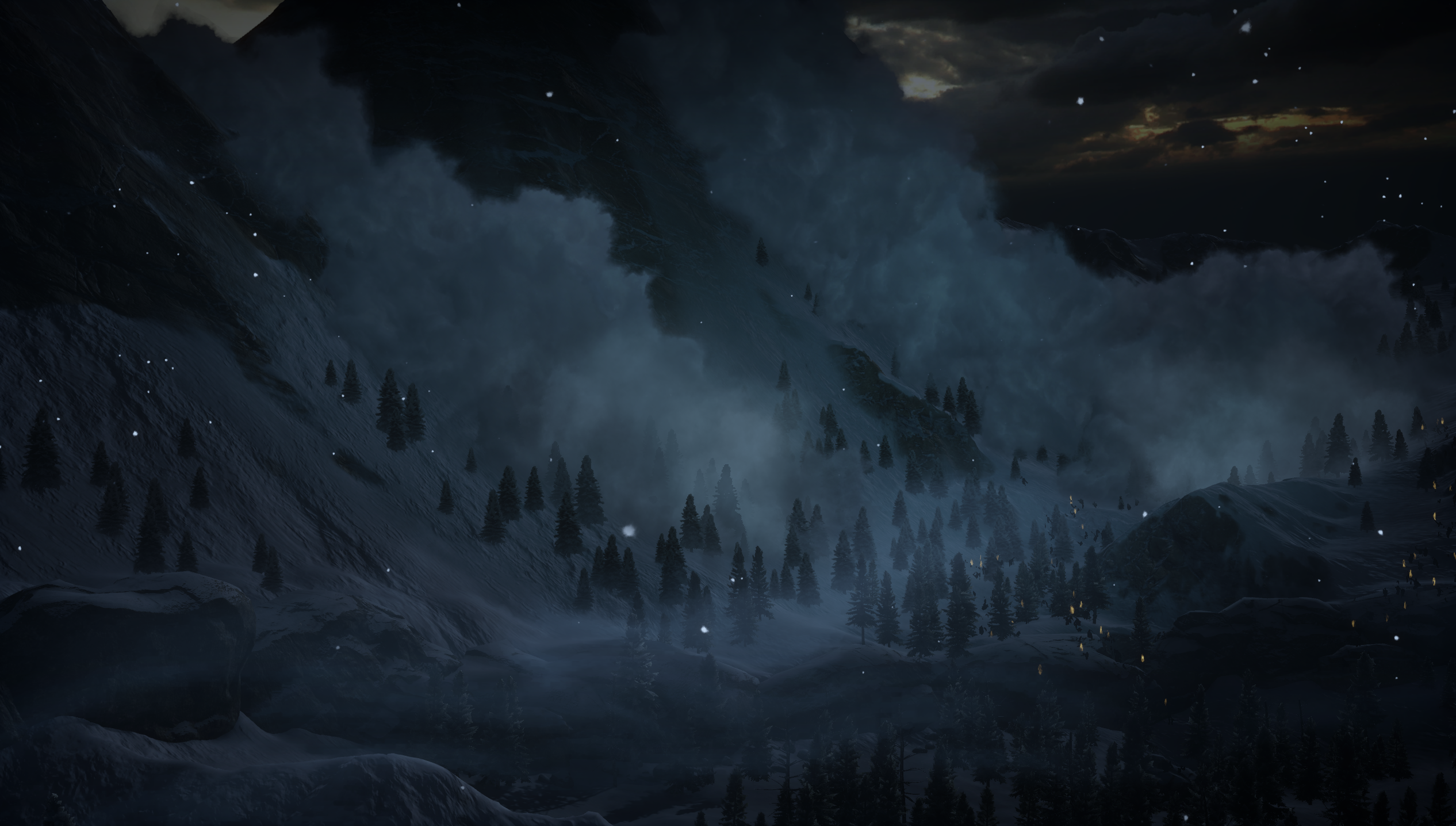 landscape, clouds, snow, trees, winter, Dragon Age: Inquisition, hills, dark, Dragon Age, video games, PC gaming, blue, RPG HD Wallpaper