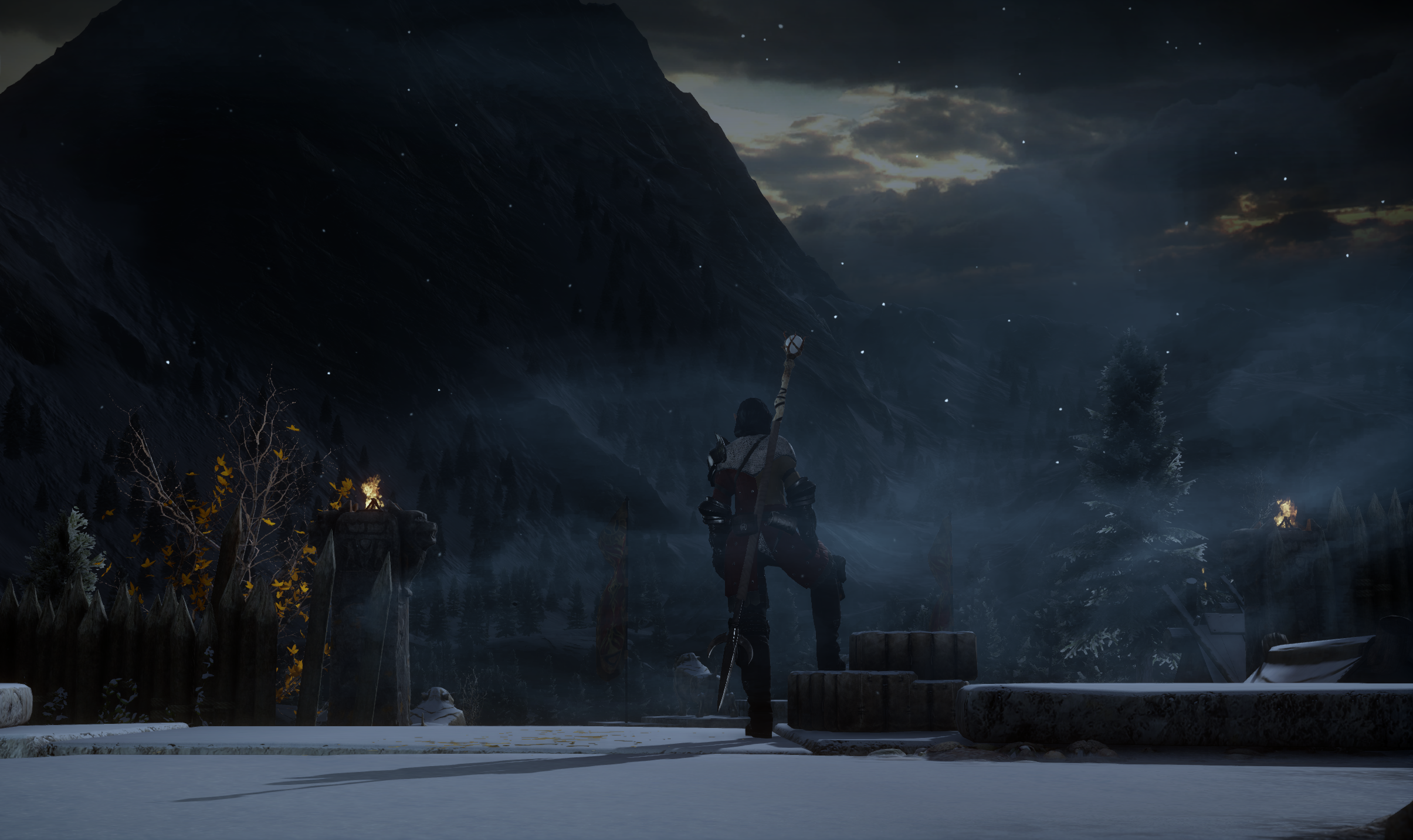 blue, video games, Inquisition, screen shot, trees, hills, landscape, Dragon Age, Inquisitor, clouds, snow, Dragon Age: Inquisition, PC gaming, dark HD Wallpaper