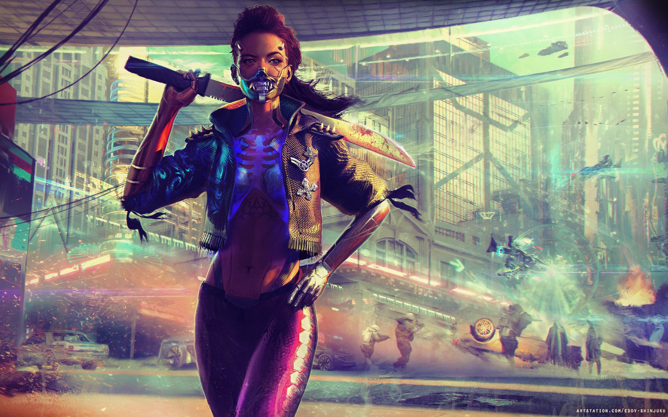 standing, ArtStation, blood, Eddy Shinjuku, women, science fiction women, futuristic, artwork, science fiction, digital art, machete, cyberpunk HD Wallpaper