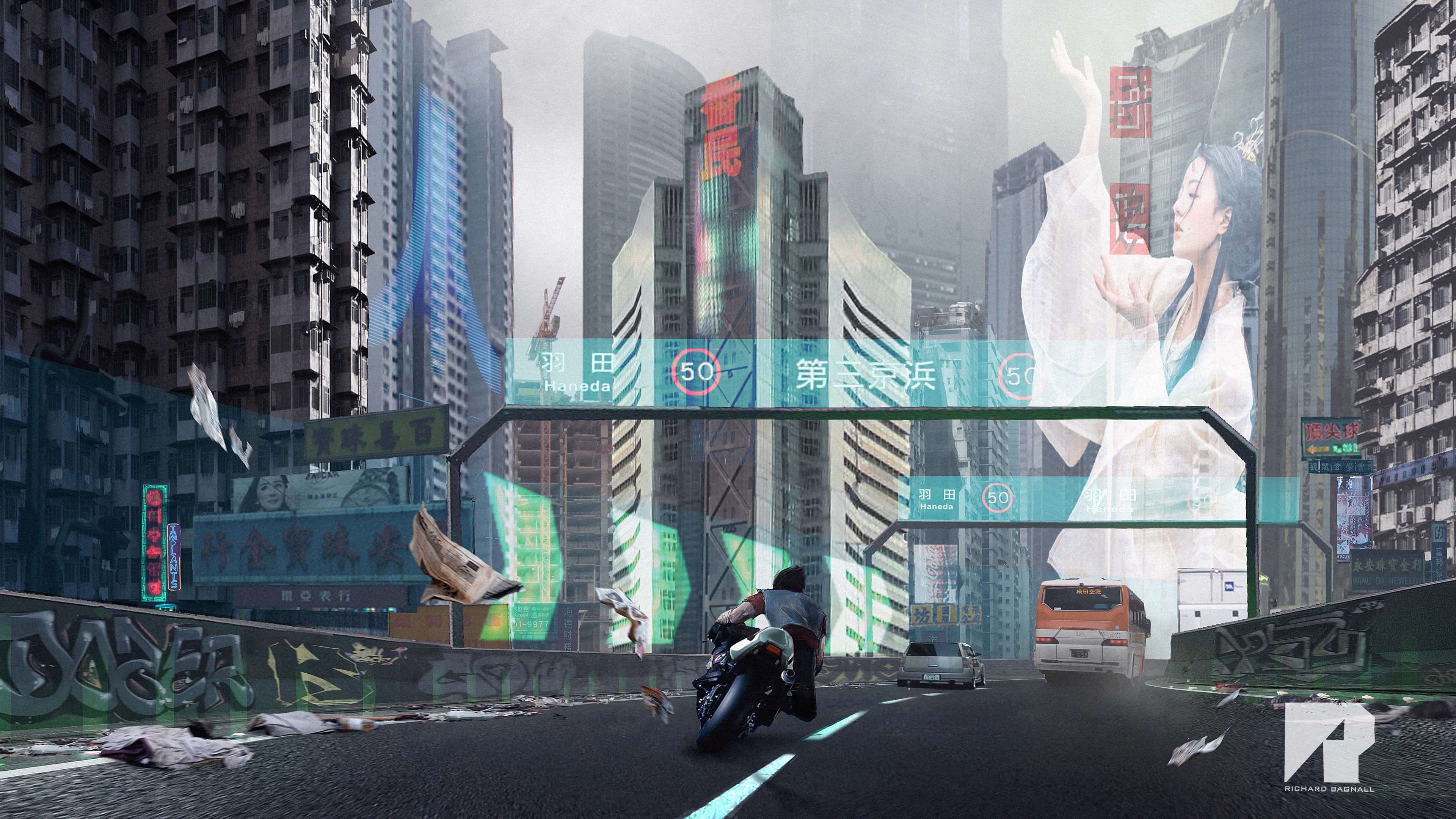 4K, digital painting, artwork, futuristic, fan art, futuristic city, motorcycle, road, digital art HD Wallpaper