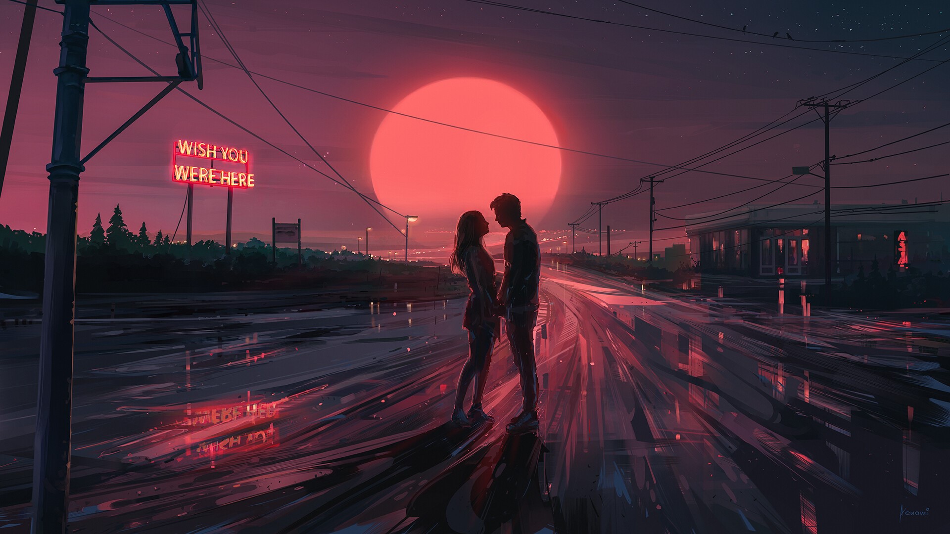 technology, sunset, men, women outdoors, standing, couple, men outdoors, ArtStation, neon sign, Aenami, love, women, digital painting, road, romantic, night, power lines HD Wallpaper