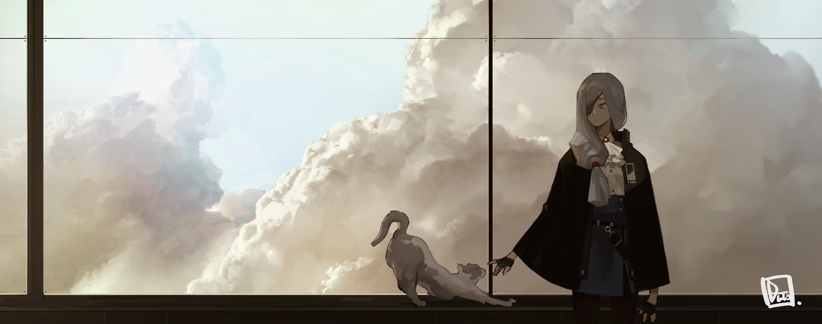 anime girls, sky, DuTO, cats, illustration, anime, eyepatches, clouds HD Wallpaper