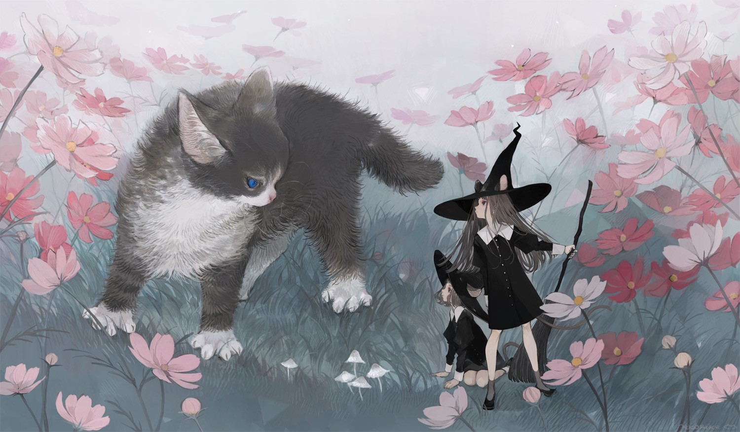 mouse ears, original characters, mouse girls, anime girls, Nekosuke, anime, cats, flowers HD Wallpaper
