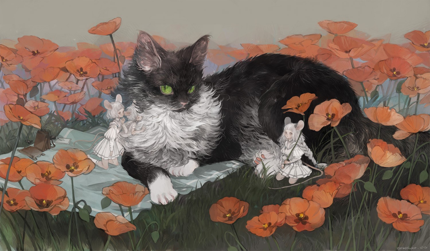 mouse ears, original characters, Nekosuke, anime girls, mouse girls, flowers, anime, cats HD Wallpaper