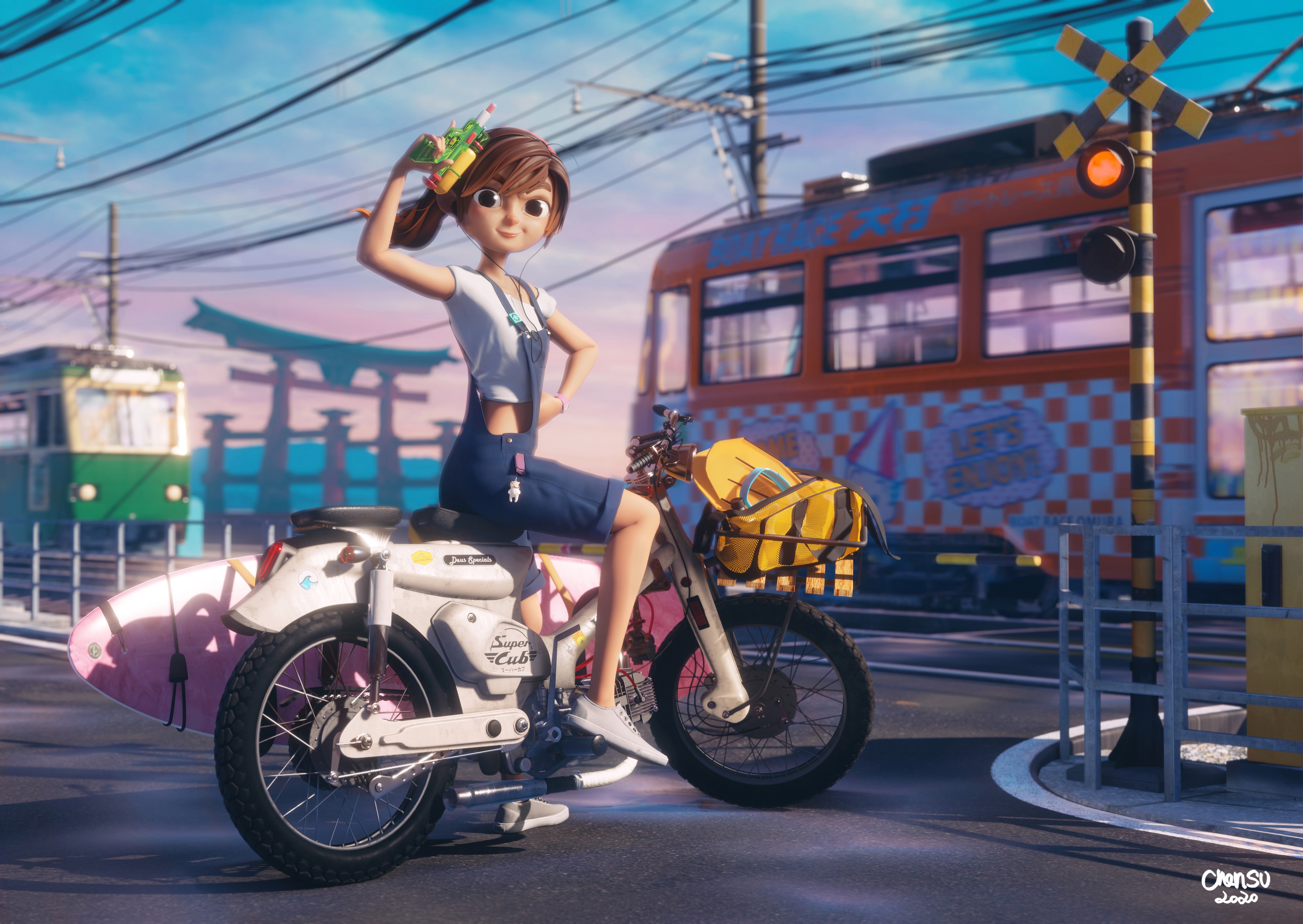 4K, smiling, brunette, train station, motorcycle, outdoors, train, large eyes, headphones, CGI, artwork, digital art, digital painting, 3D, women HD Wallpaper
