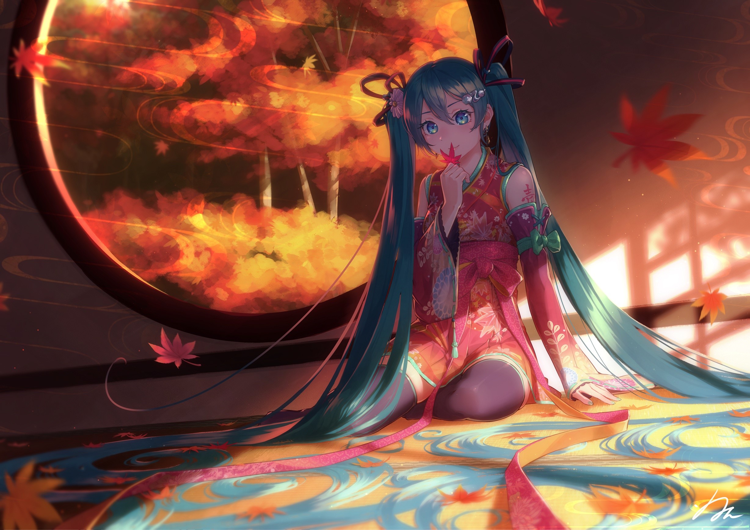 fantasy art, Hatsune Miku, colorful, Japanese clothes, blue hair, fantasy girl, flower in hair, dress, Vocaloid, leaves, blue eyes, twintails, anime, long hair, looking at viewer, tattoo, red dress, anime girls HD Wallpaper