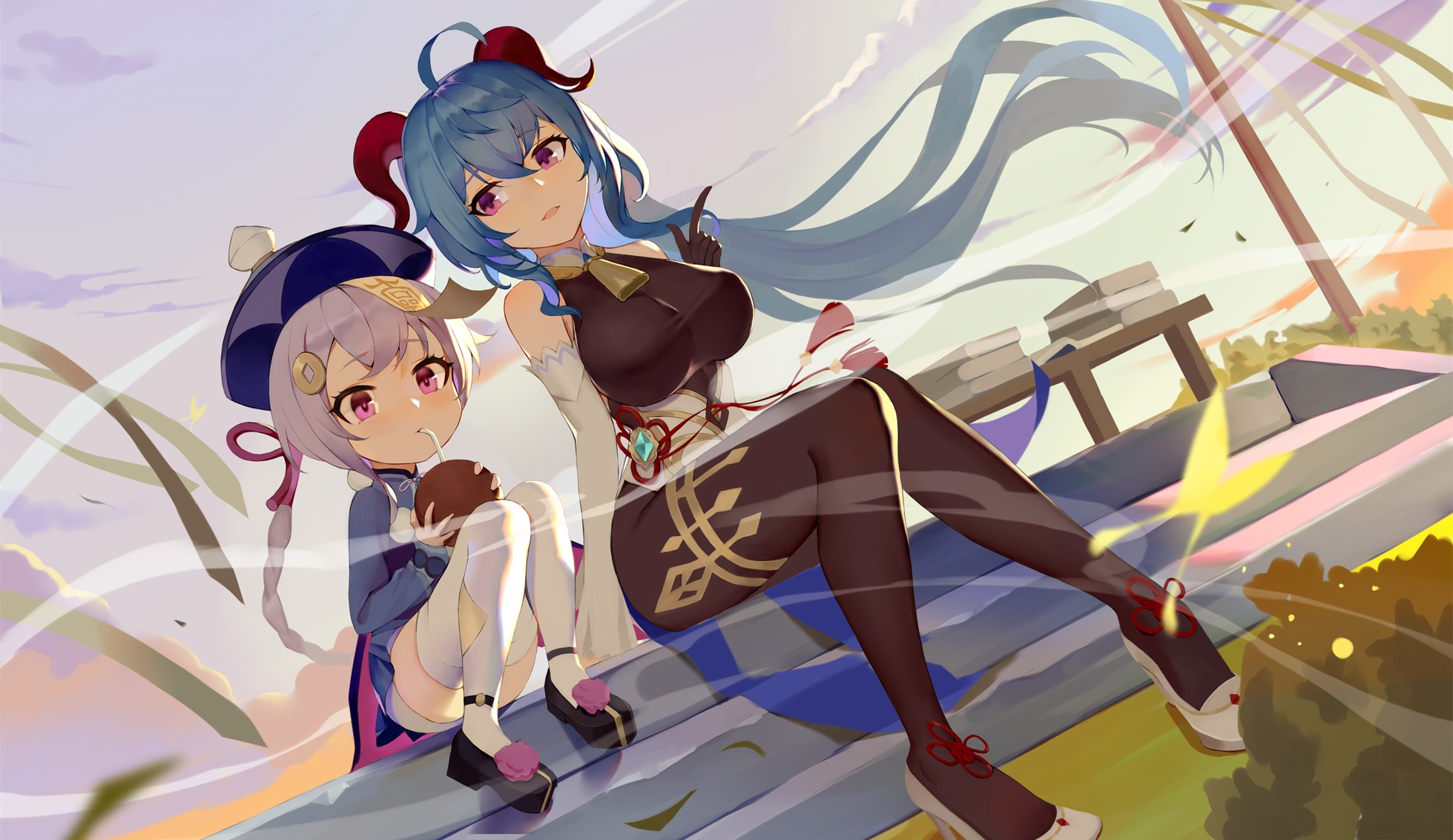 loli, Ganyu (Genshin Impact), anime girls, horns, Qiqi (Genshin Impact), Genshin Impact, white stockings, bodysuit, OCARINO, anime HD Wallpaper