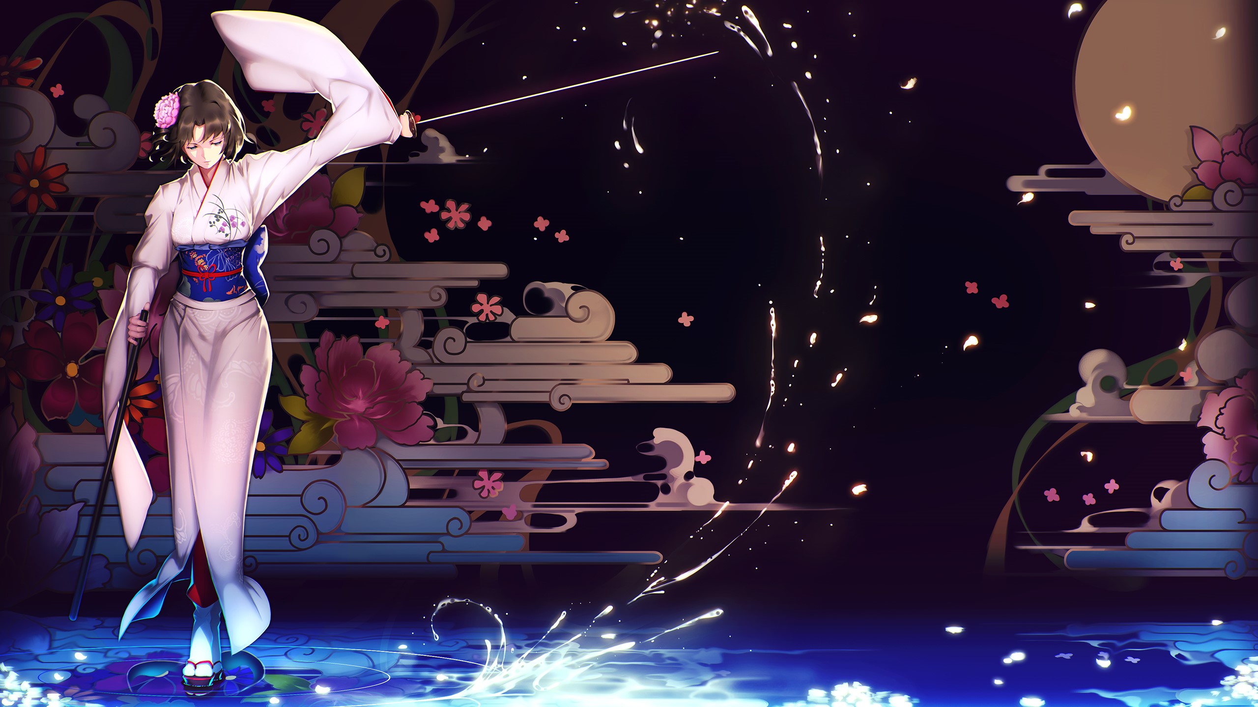 blueorca, anime girls, kimono, Kara no Kyoukai, katana, Ryougi Shiki, water HD Wallpaper
