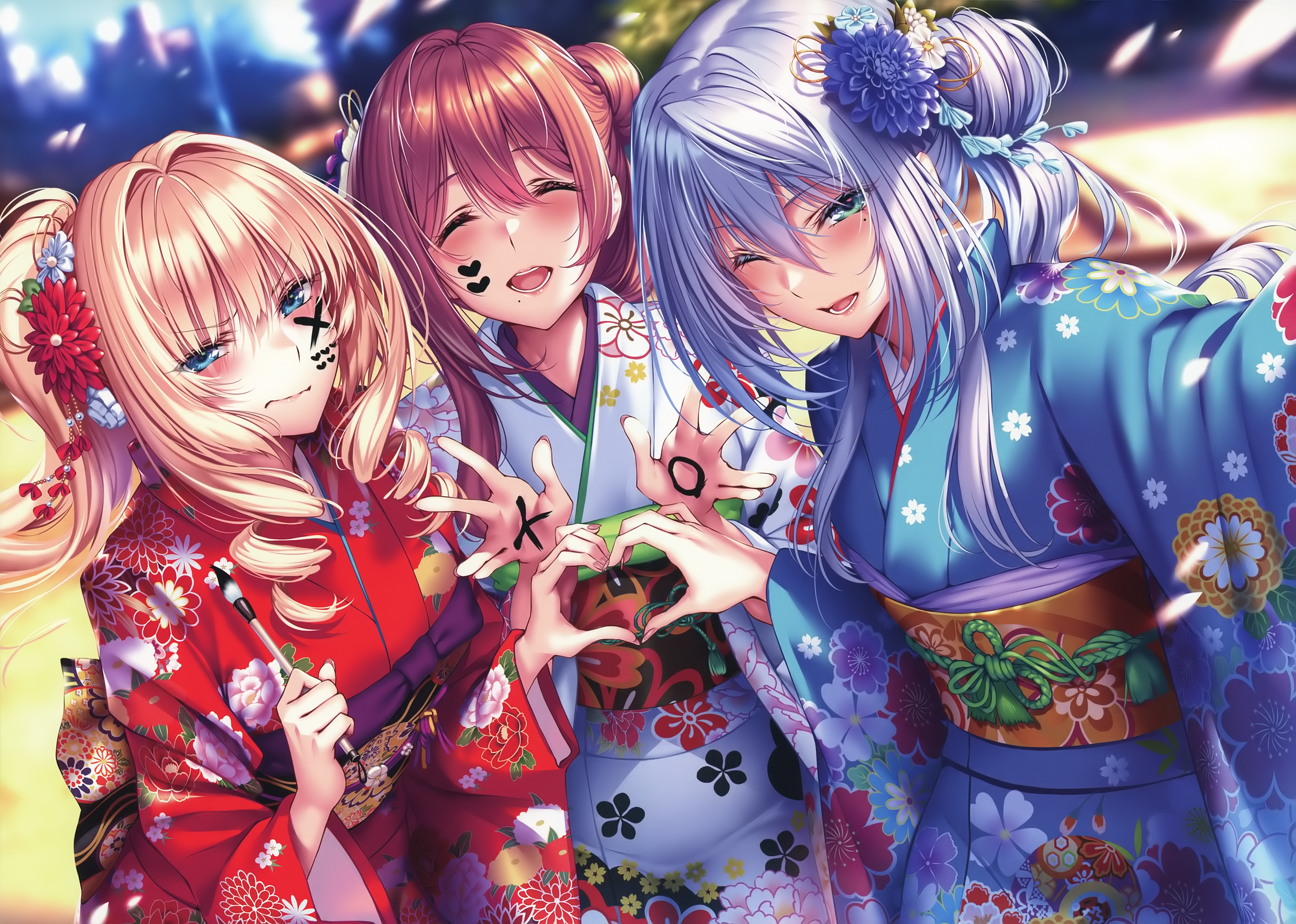 4K, Japanese clothes, kimono, blushing, piromizu, anime girls, group of women, selfies, Hanikami Kanojo, New Year HD Wallpaper