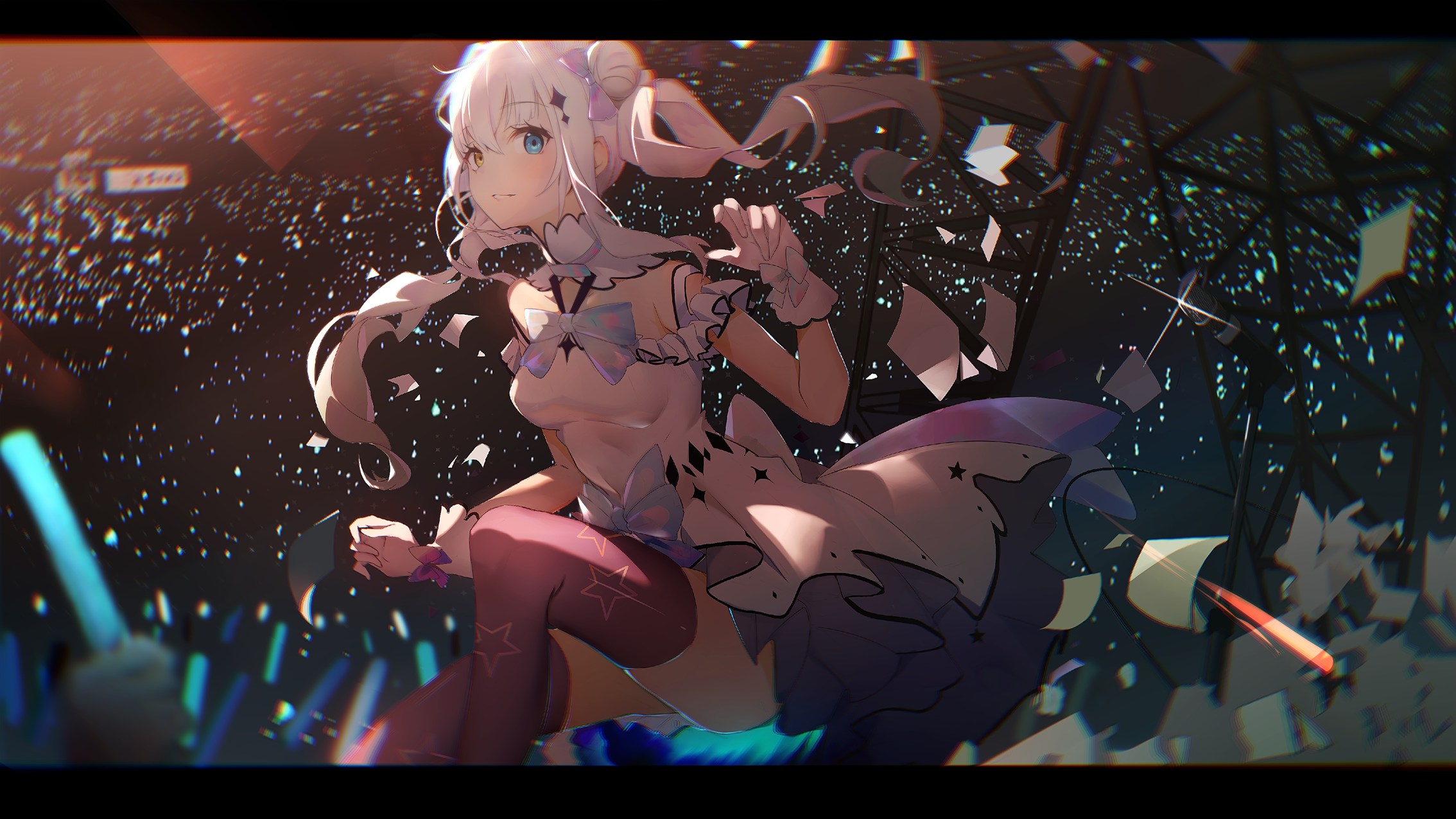 anime girls, Kagura Mea, Marcellokito!, digital art, thigh-highs, dress, anime, 2D, white hair, portrait, heterochromia, artwork HD Wallpaper